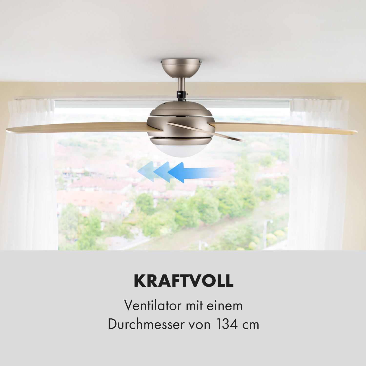 Ventilador de techo, dos aspas de madera, con imagen de ventana y texto en alemán: 'KRAFTVOLL'.