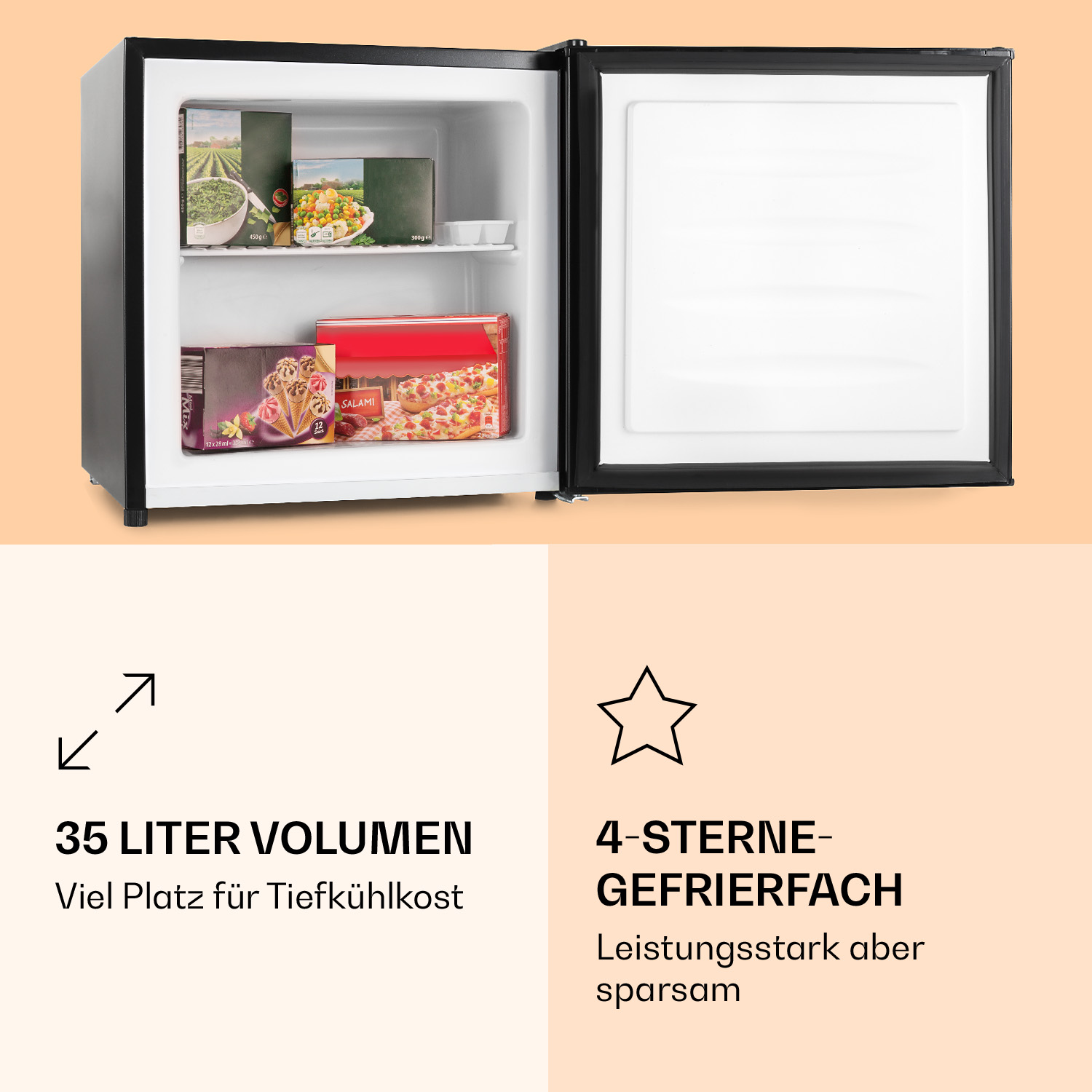 Pequeño refrigerador negro con puerta abierta, pizza congelada y comida dentro. Texto: 35 litros y congelador 4 estrellas.