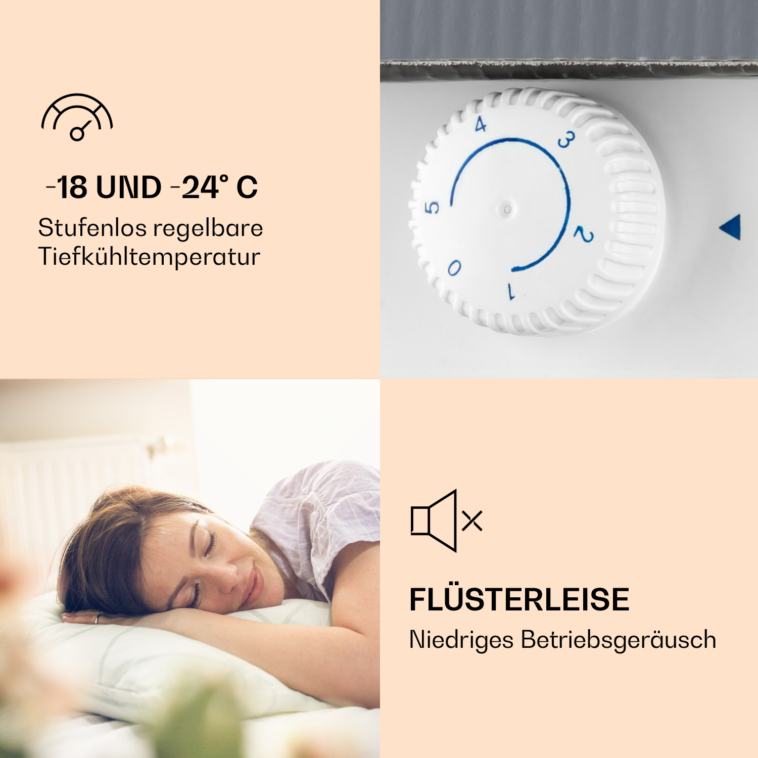 Dial de reloj con números 0-5, mujer durmiendo. Texto: '-18 y -24°C' y 'Flüsterleise'.