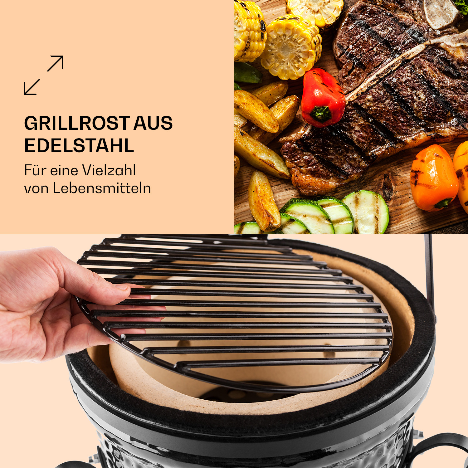 Eine Hand, die einen Grillrost über einem Grill mit Essen hält, der Edelstahlgrill wird gezeigt.