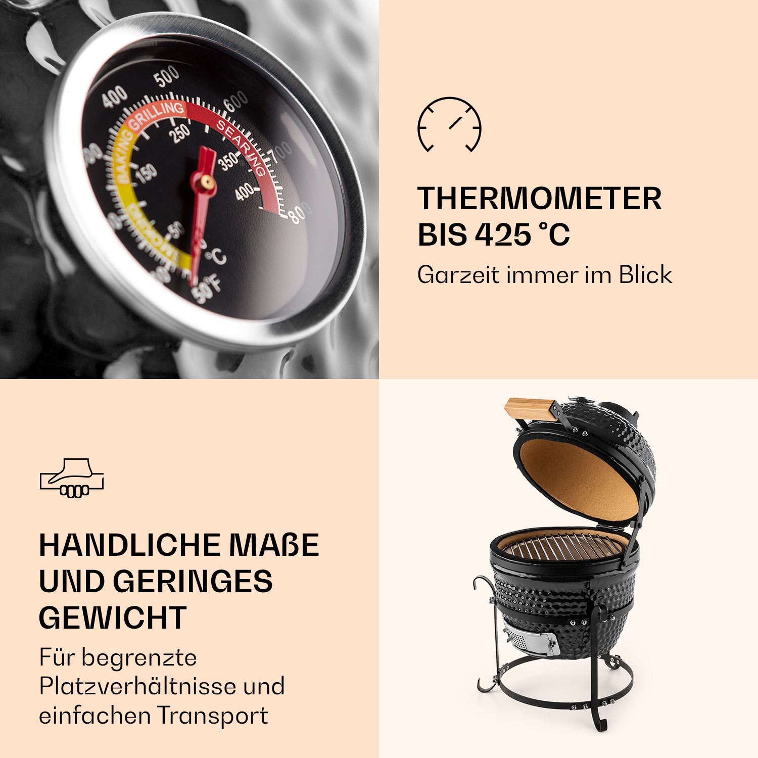 Ein Thermometer auf einem schwarzen Grill mit Text. Der Grill ist geöffnet und zeigt das Innere.