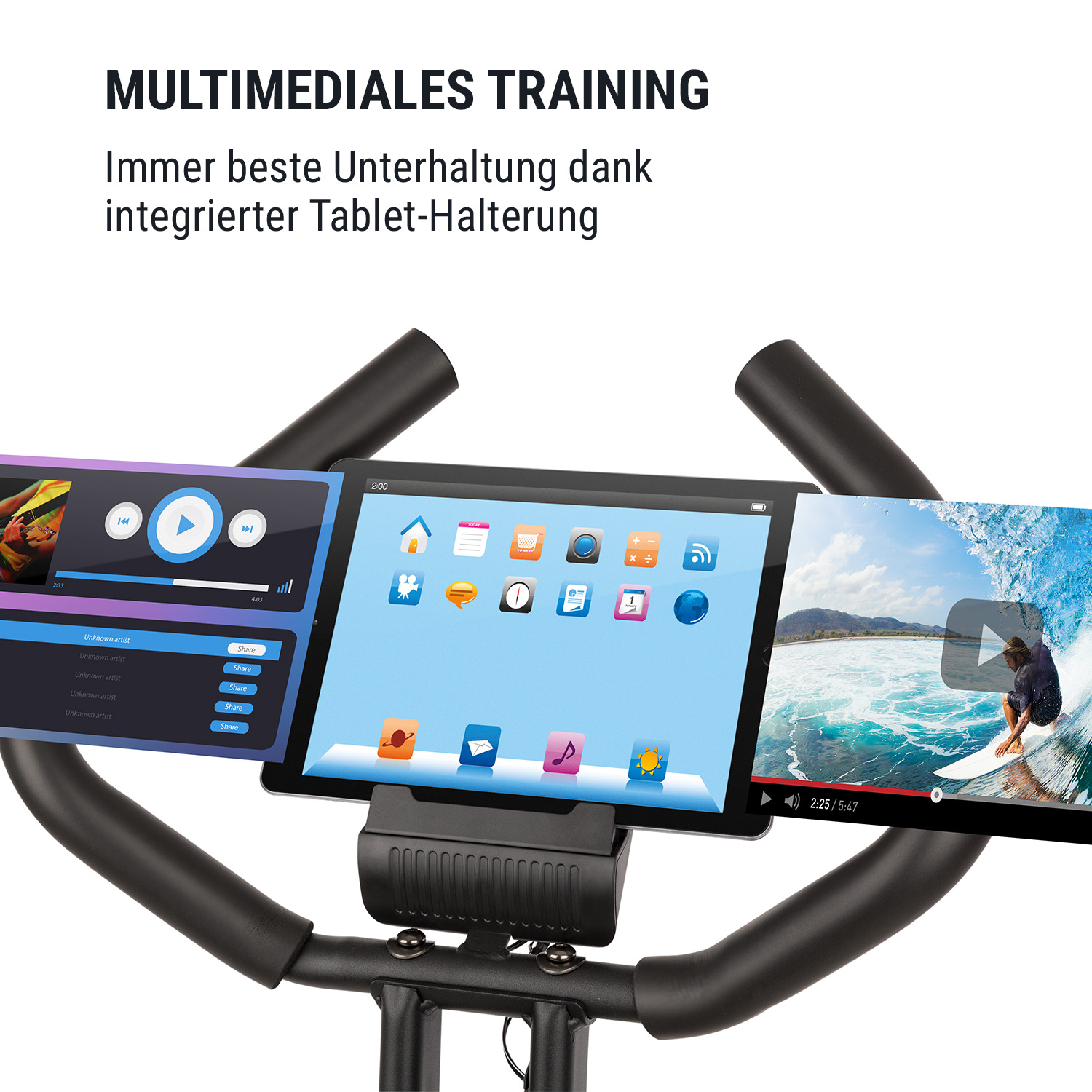 Trainingsgerät mit drei Bildschirmen, die Videos anzeigen. Drei Tablets sind sichtbar.