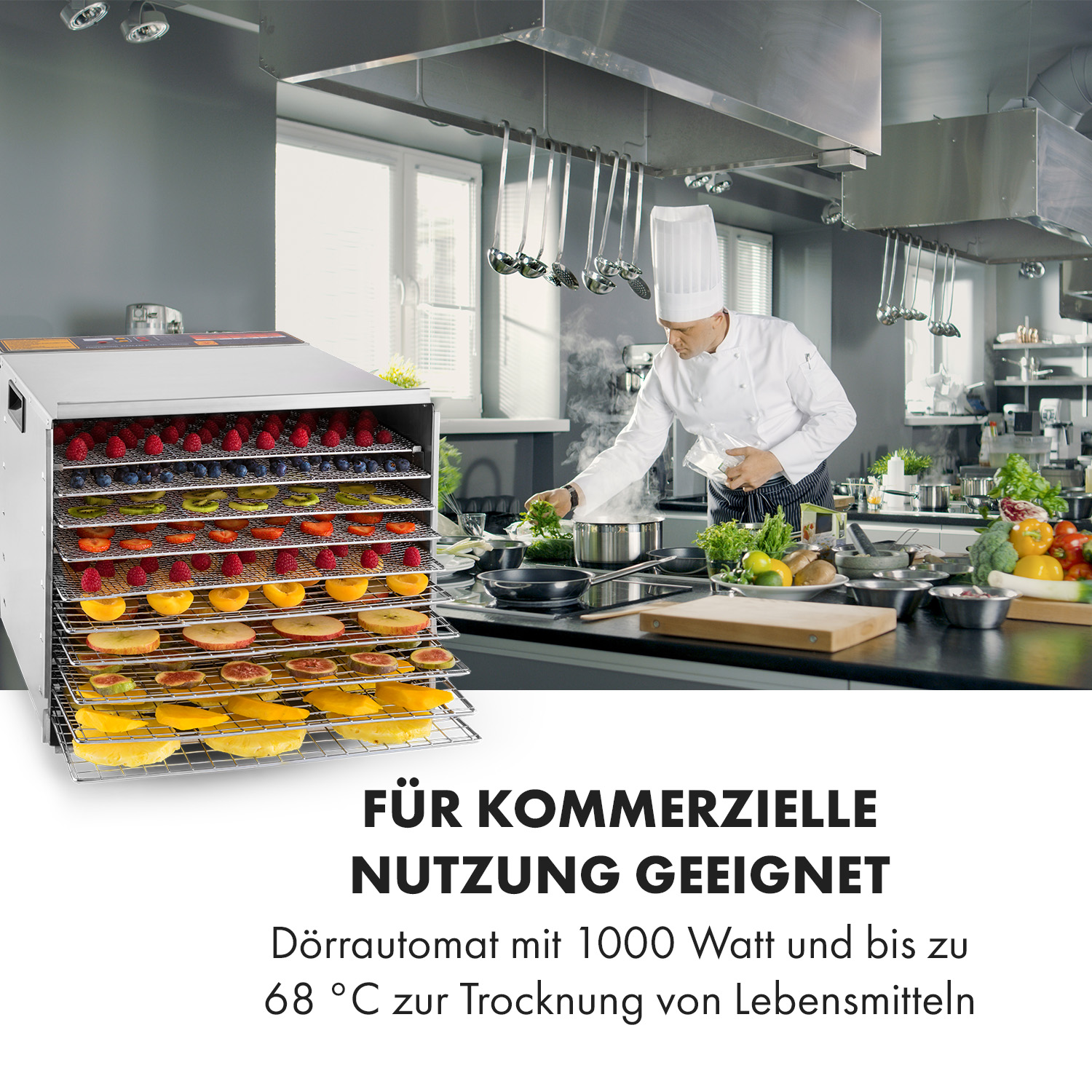 Gewerblicher Dörrautomat mit verschiedenen Früchten und einem Koch im Hintergrund in einer Küche.