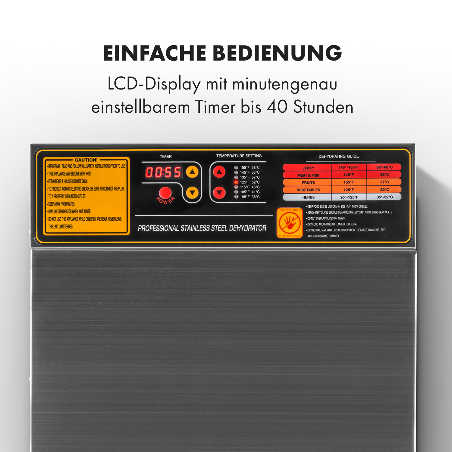 Dehydrator-Bedienfeld. Timer-Anzeige, Temperatureinstellungen und Trocknungsanleitung.