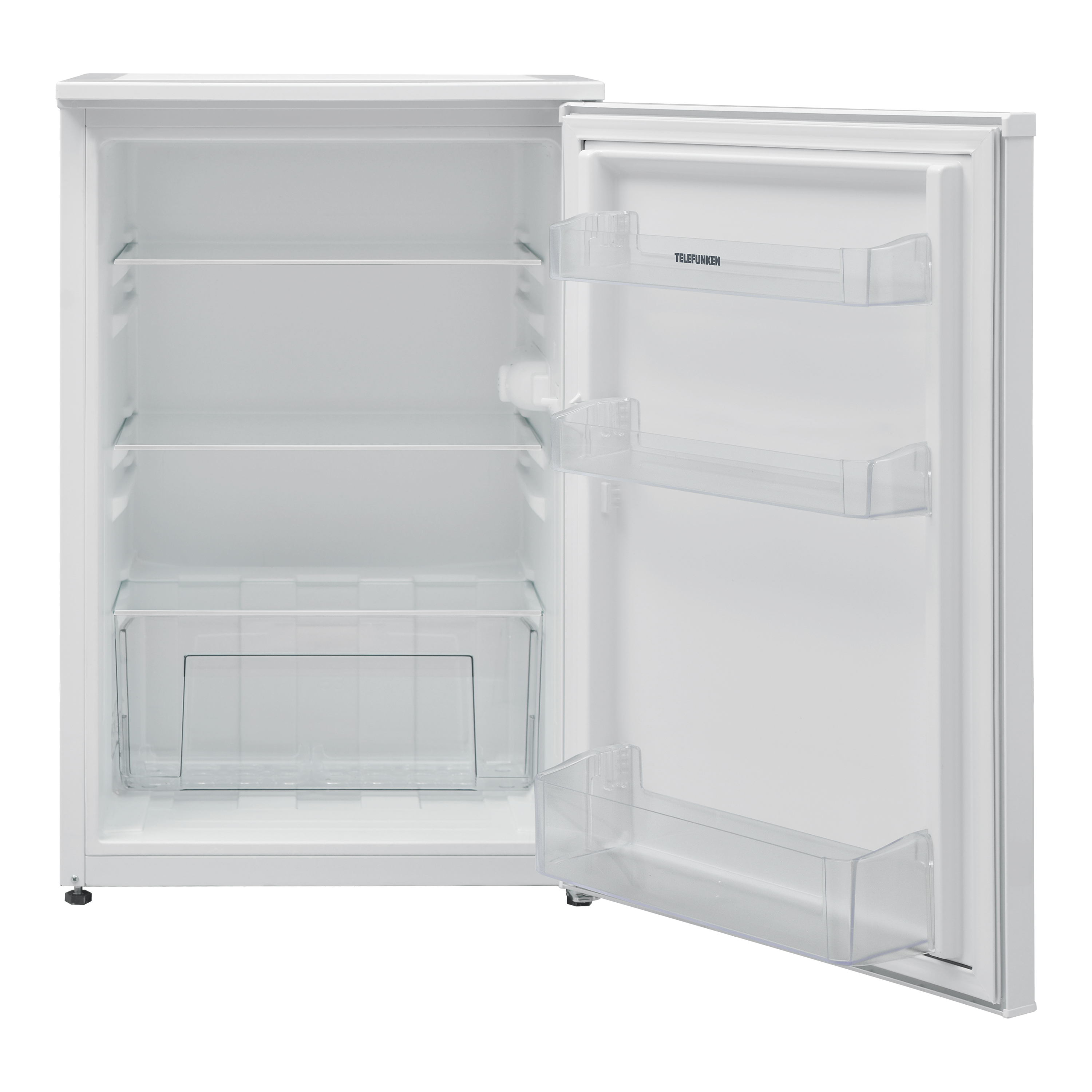 Ein weißer Kühlschrank mit offener Tür, die Regale und Schubladen zeigt.