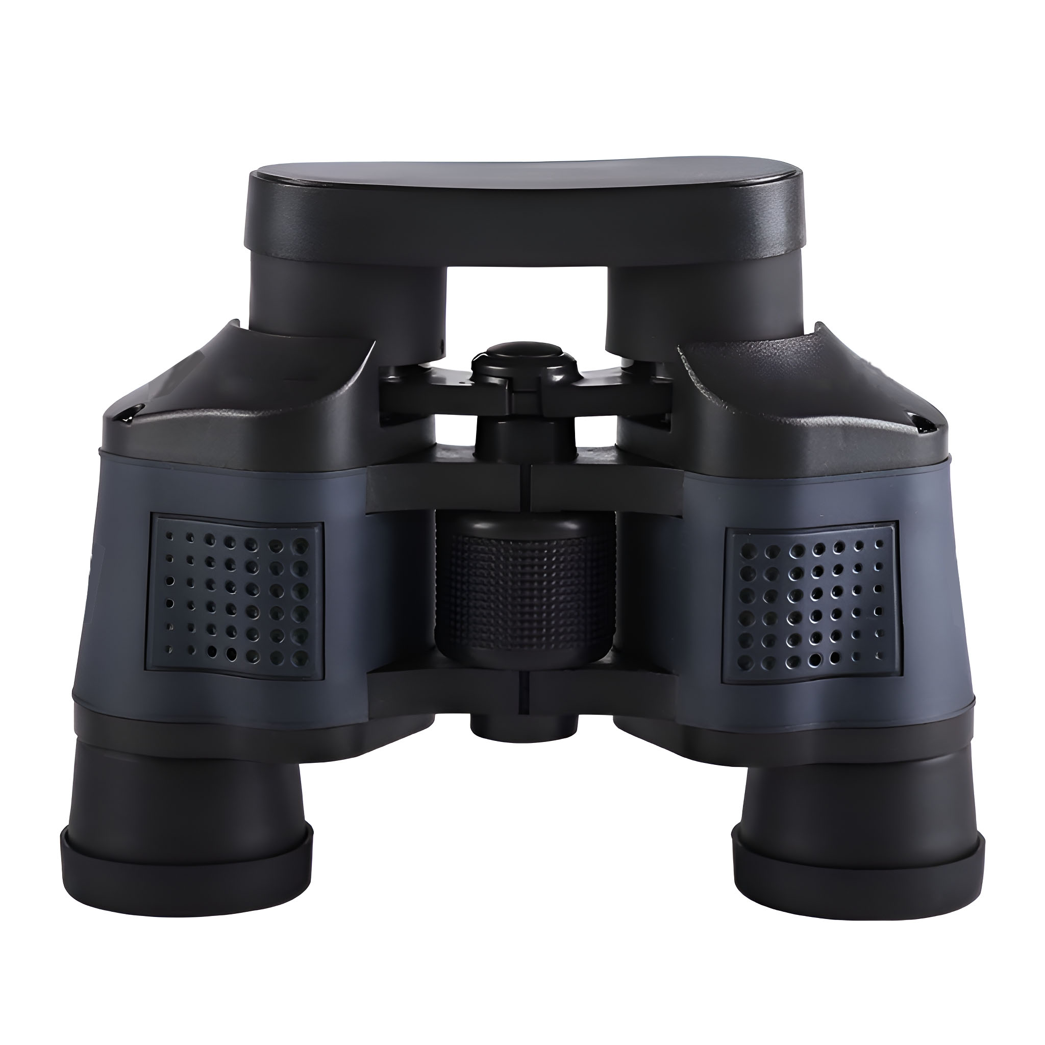 Schwarz-graues Fernglas. Es hat einen schwarzen Deckel, graue Seiten und einen schwarzen Gummi-Griff. Weißer Hintergrund.