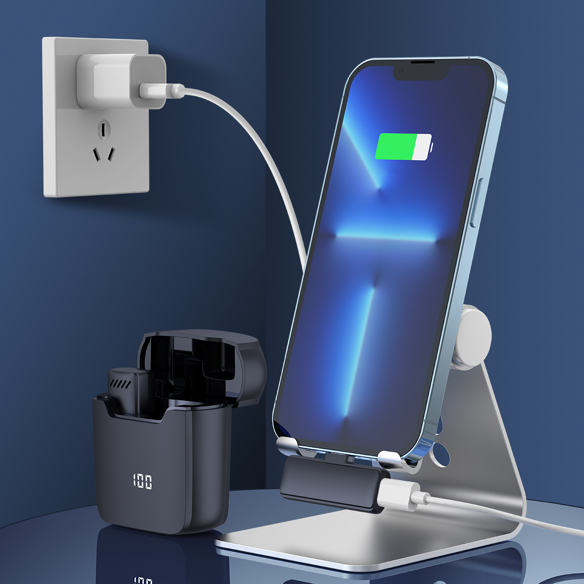 Un teléfono cargando en un soporte, con un estuche de carga y una toma de corriente. Se muestra un icono de batería verde.