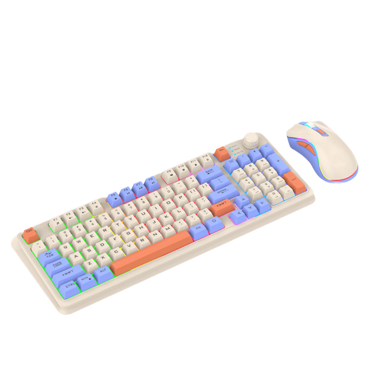 Eine Tastatur und eine Maus. Die Tastatur hat verschiedene farbige Tasten. Der Hintergrund ist weiß.