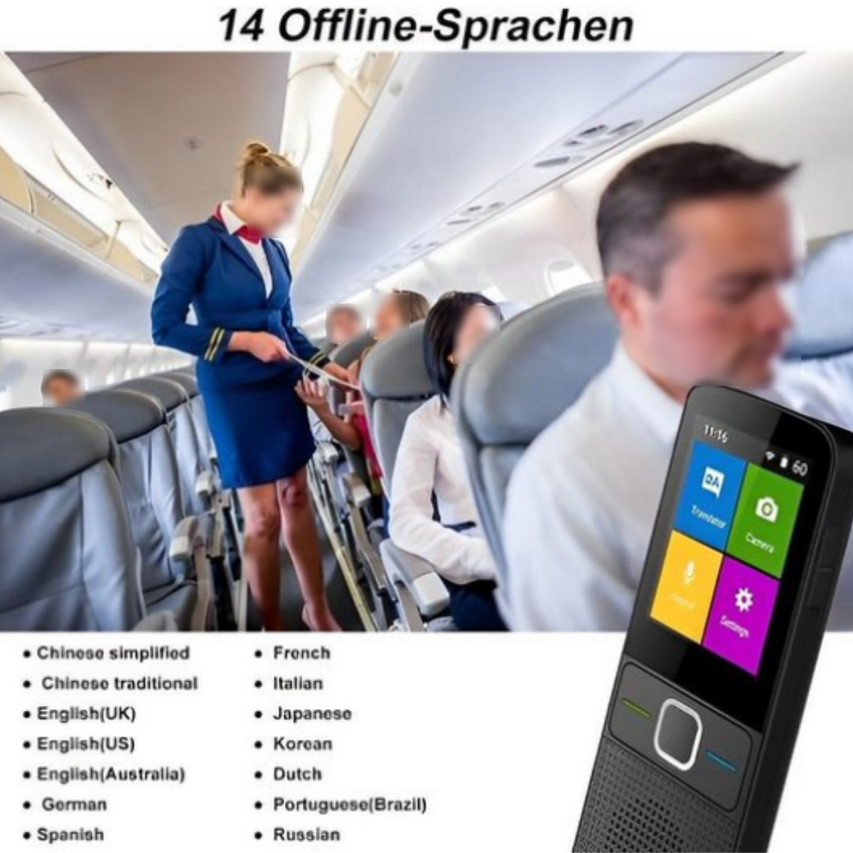 Teléfono con app de traducción en avión. Texto enumera 14 idiomas sin conexión.