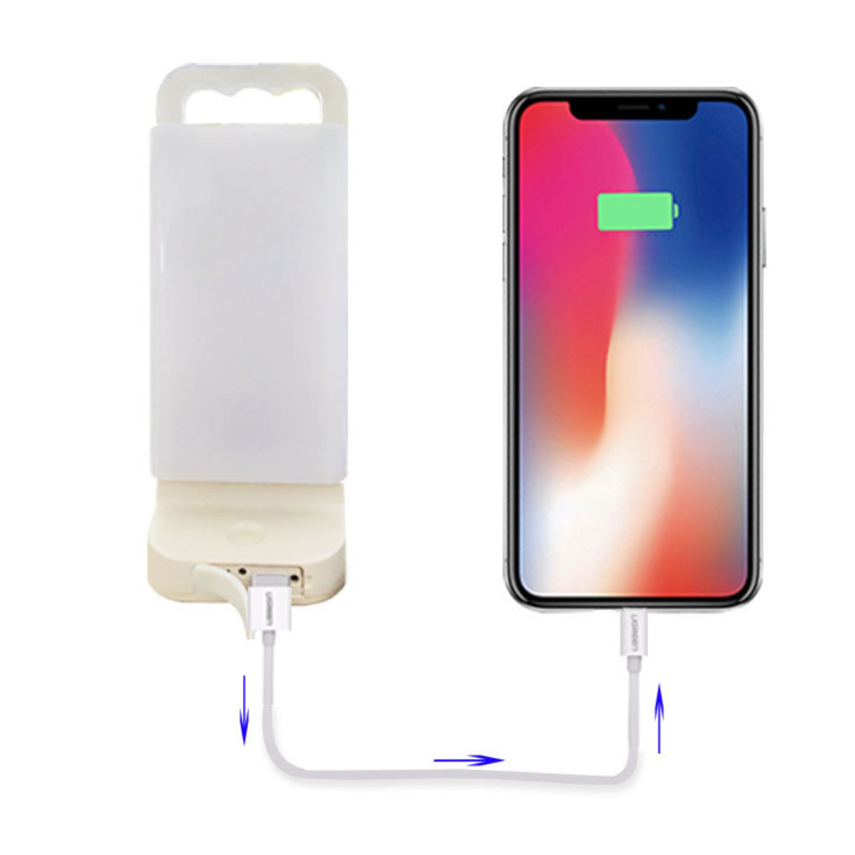 Ein Telefon wird geladen. Ein weißes Kabel verbindet eine weiße Lampe mit einem Telefon mit Ladeanzeige.