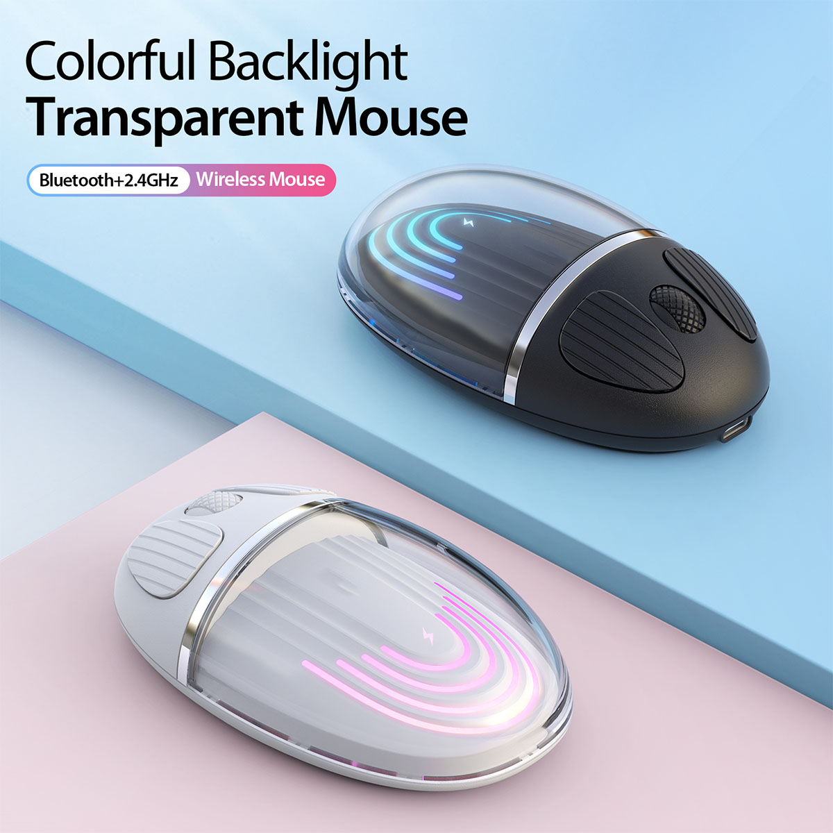 Zwei transparente kabellose Computer-Mäuse mit farbenfroher Hintergrundbeleuchtung.