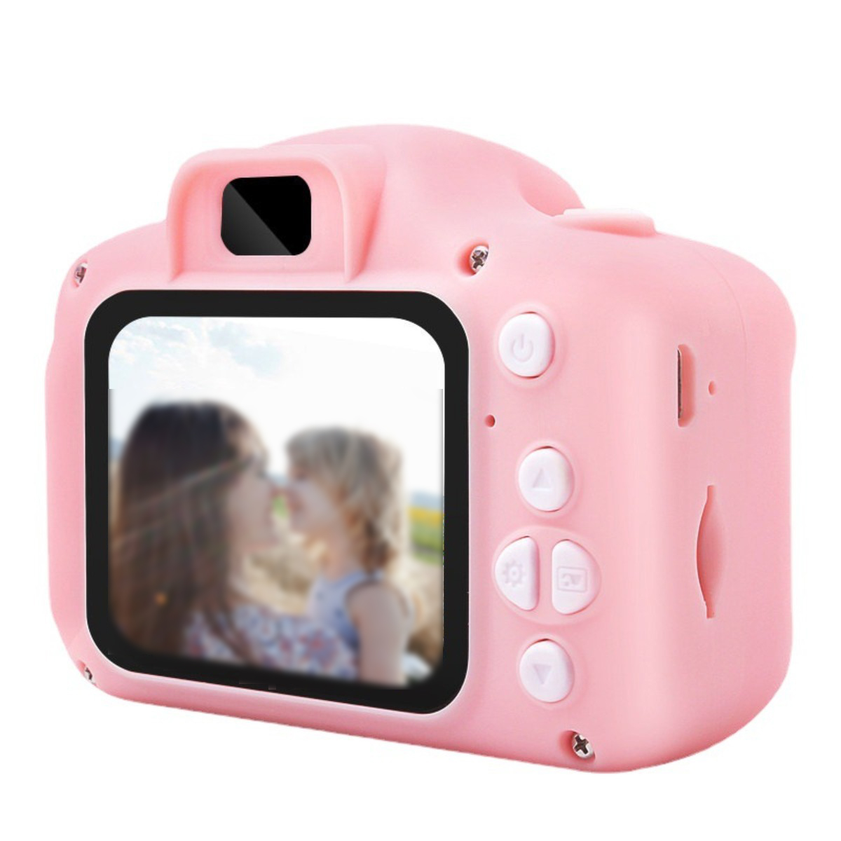 Una cámara de juguete rosa con una pantalla que muestra a dos niñas. Hay botones.
