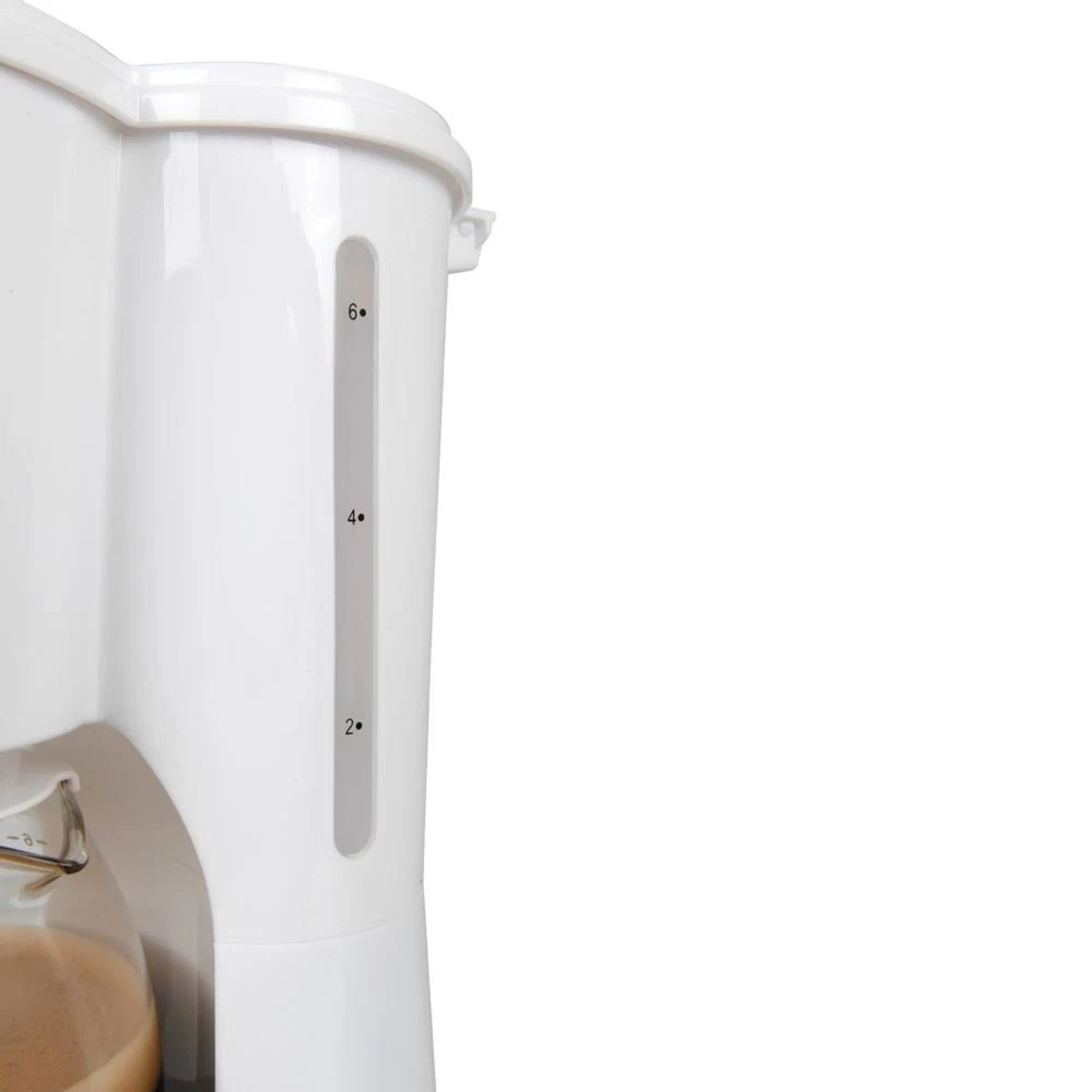Cafetera blanca, primer plano. Indicador del nivel del agua visible. Fondo blanco.