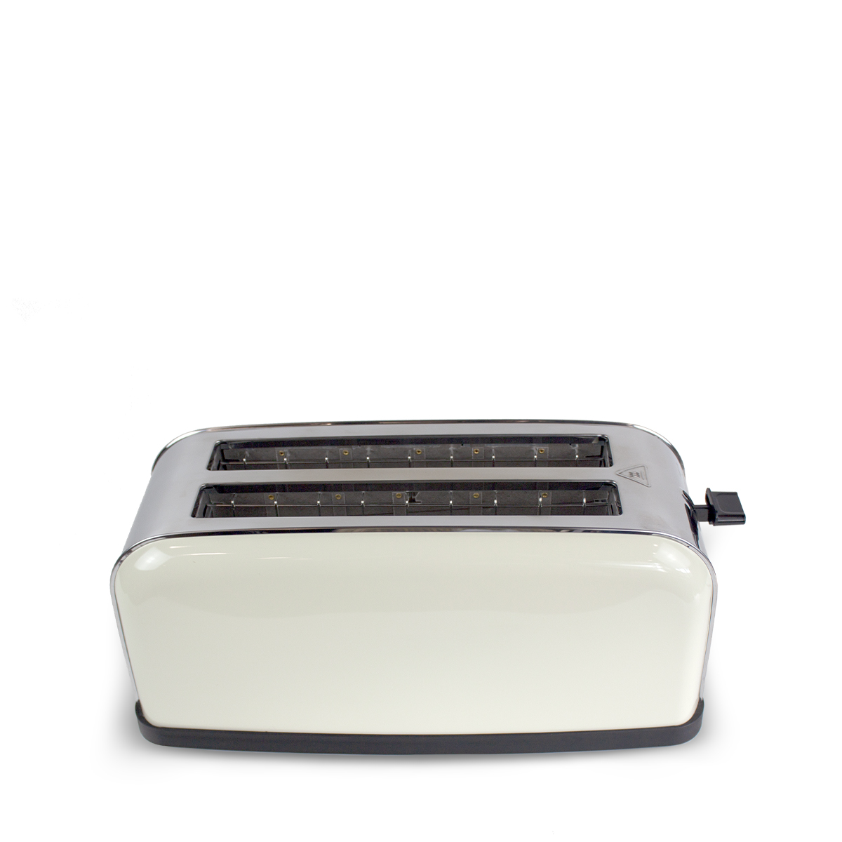 Chromowany i biały toster na białym tle. Widoczne są dwa otwory.