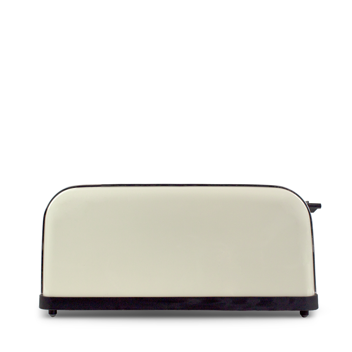 Kremowy toster z czarnymi akcentami. Prosty design na białym tle.