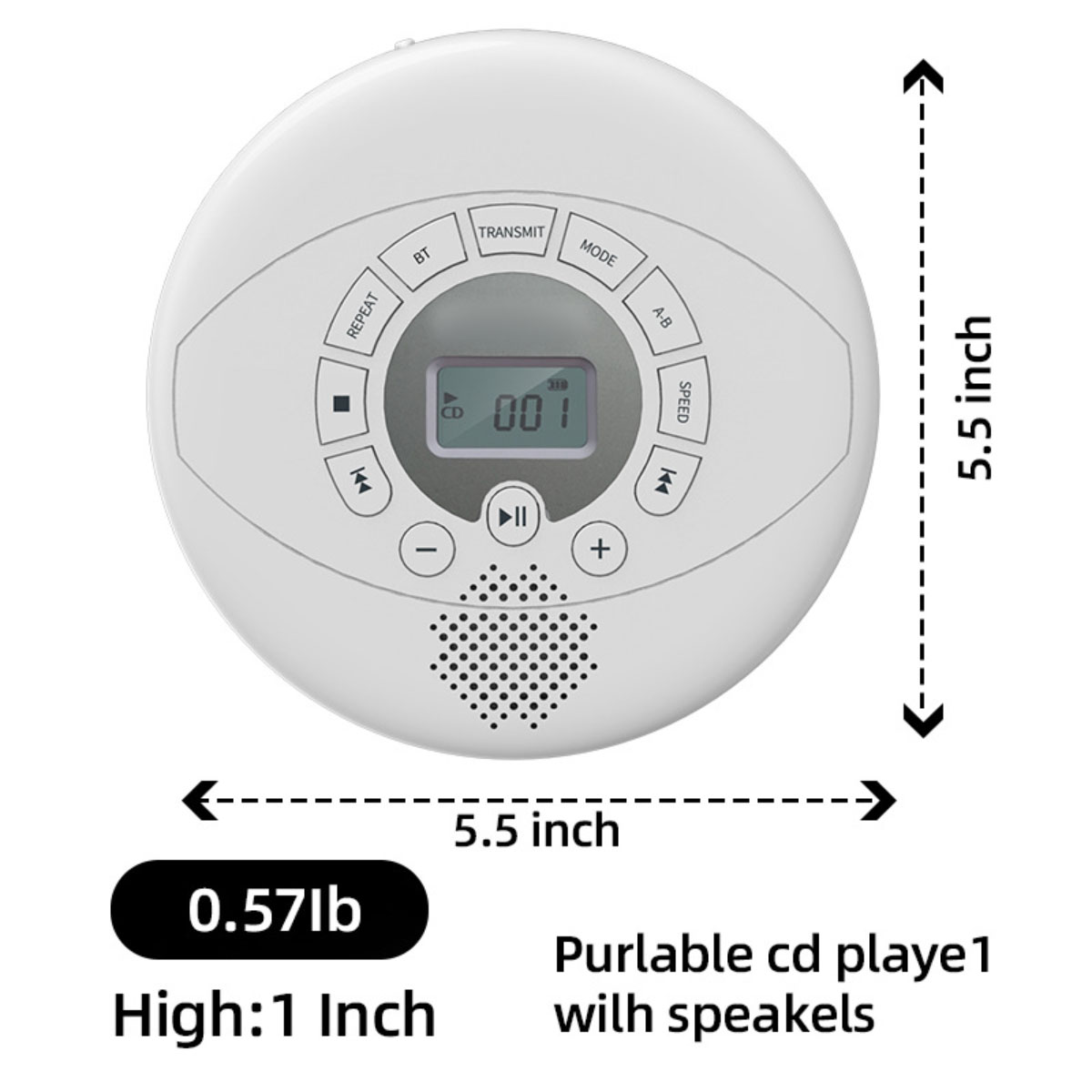 Ein weißer tragbarer CD-Player mit Knöpfen, Display und Lautsprecher, mit Maßen.