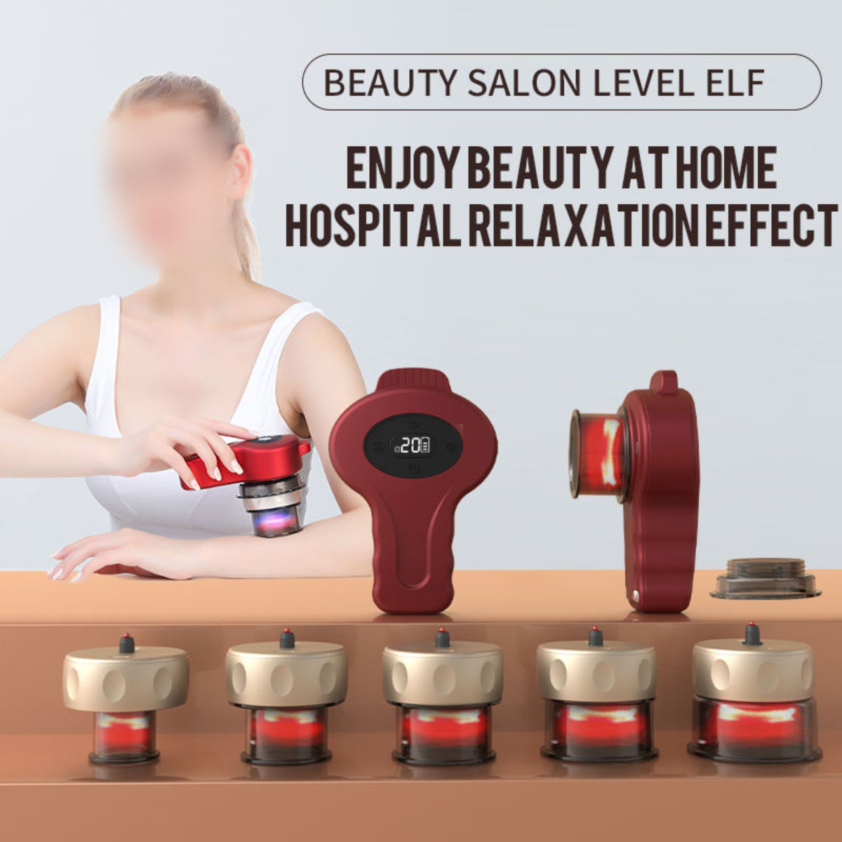 Eine Frau, die ein Schröpftherapiegerät an ihrem Arm verwendet, zusammen mit anderen Werkzeugen.
