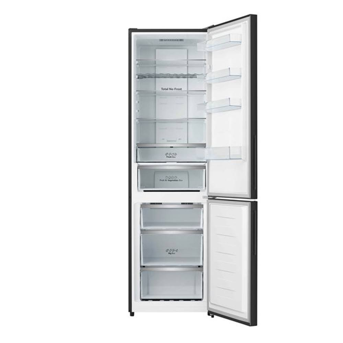 Refrigerador negro abierto que muestra estantes, cajones y un interior blanco.