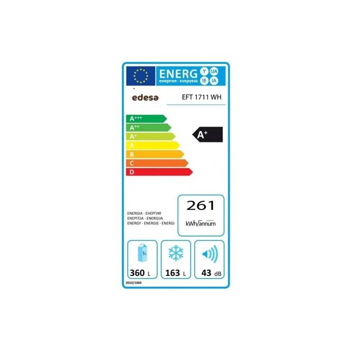 Etiqueta energética del frigorífico con clasificaciones: A+, 261 kWh/año, 163 L y 43 dB.