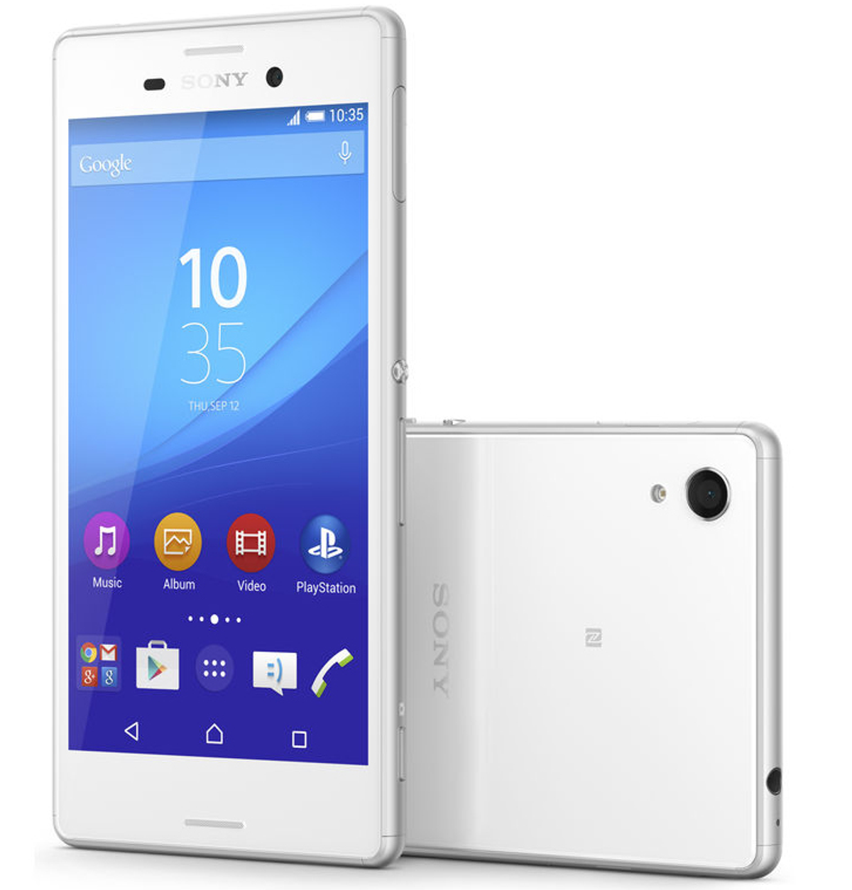 Ein weißes Sony-Telefon, das die Vorder- und Rückseite zeigt. Der Bildschirm zeigt die Uhrzeit und das Google-Logo.