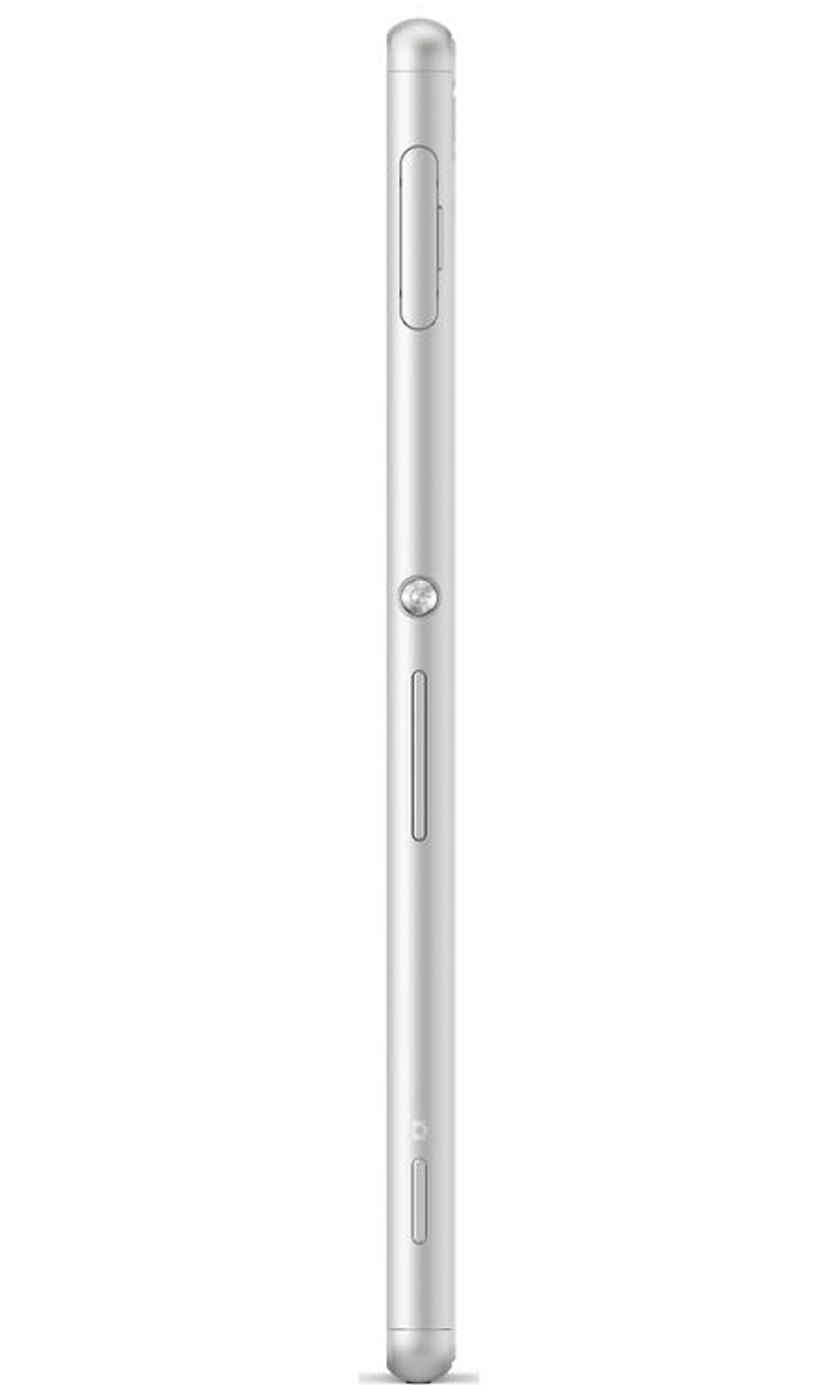 Silbernes Smartphone, Seitenansicht, mit Knöpfen am Rand. Schlankes und elegantes Design.