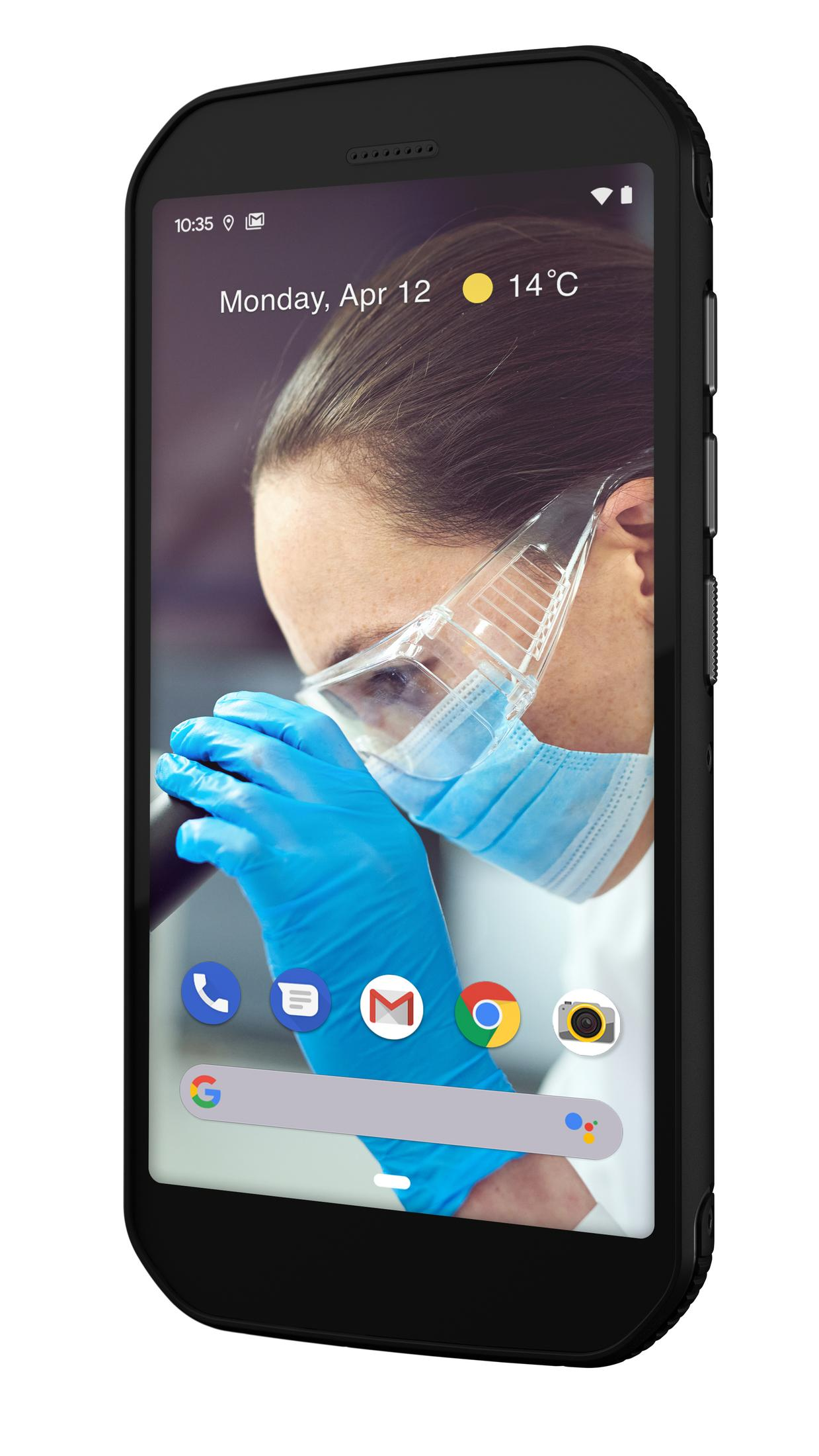 Schwarzes Smartphone mit Bildschirm. Person mit Schutzkleidung. Weißer Hintergrund.