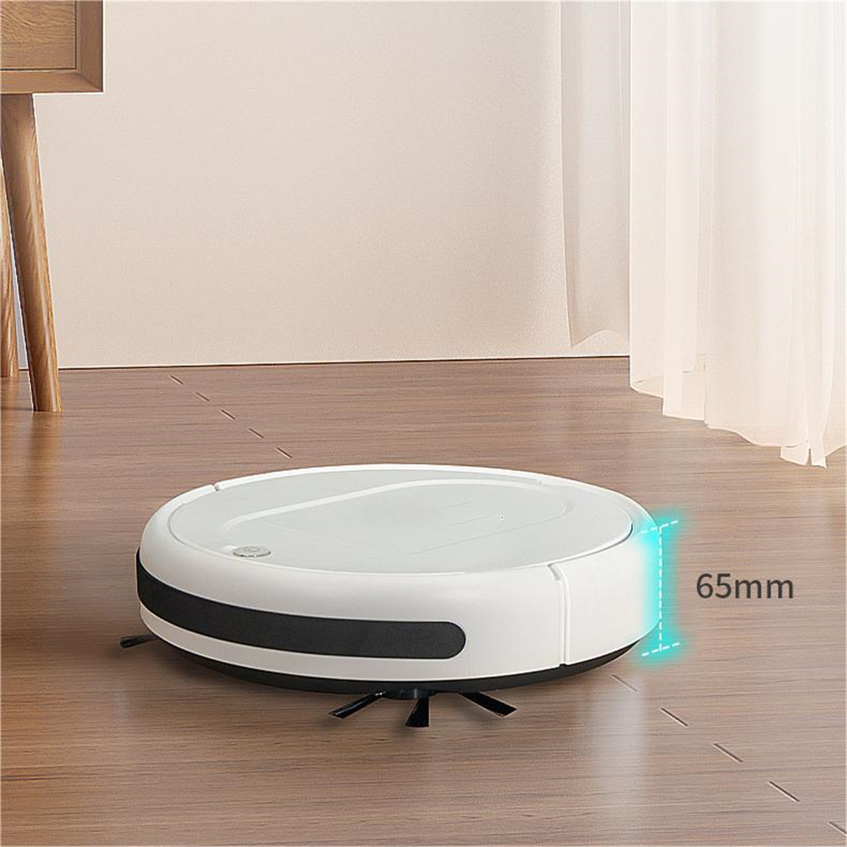 Aspiradora robot en un suelo de madera. Se muestra la altura de la aspiradora.
