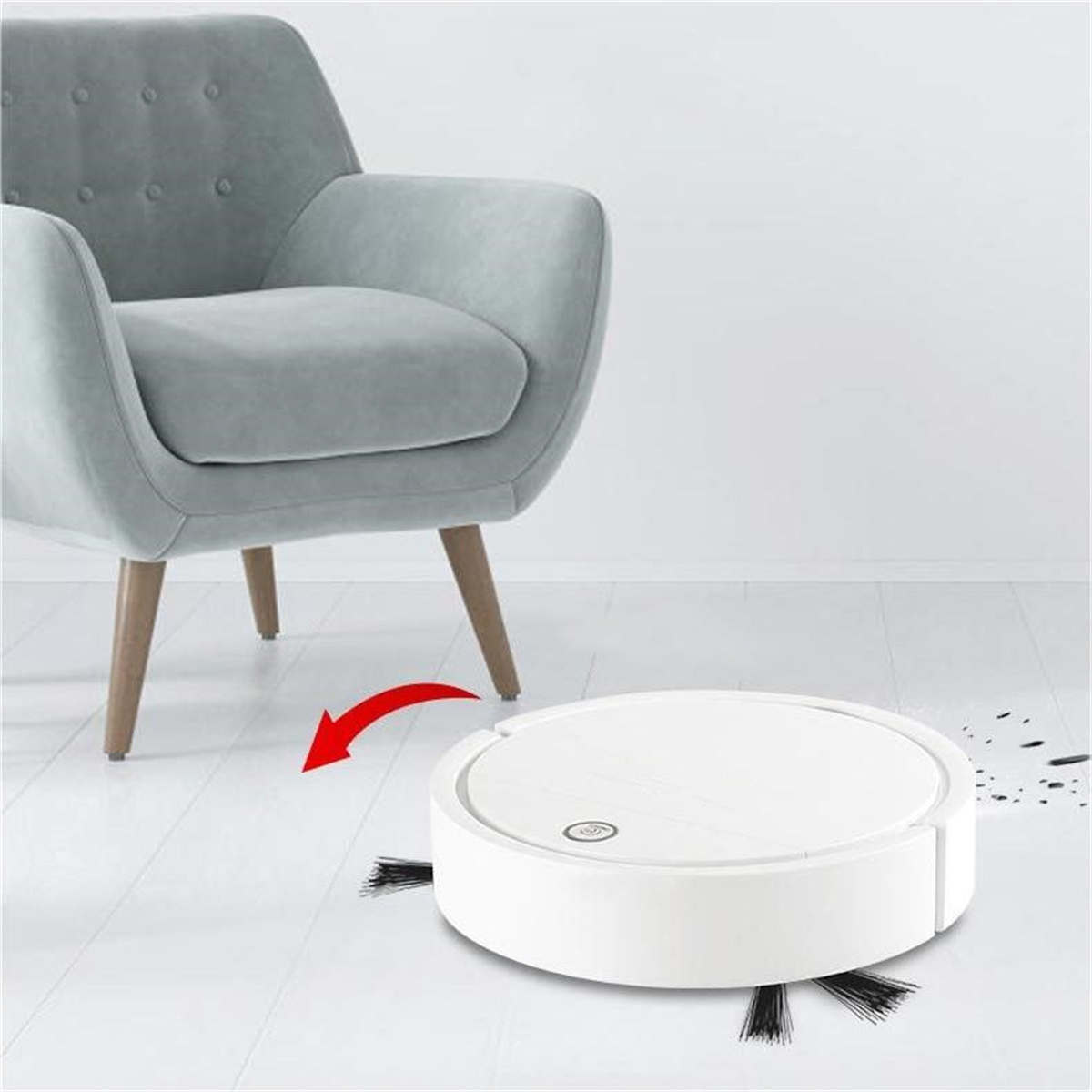 Weißer Roboter-Staubsauger auf Holzboden. Pfeil zeigt darauf. Ein Stuhl im Hintergrund.