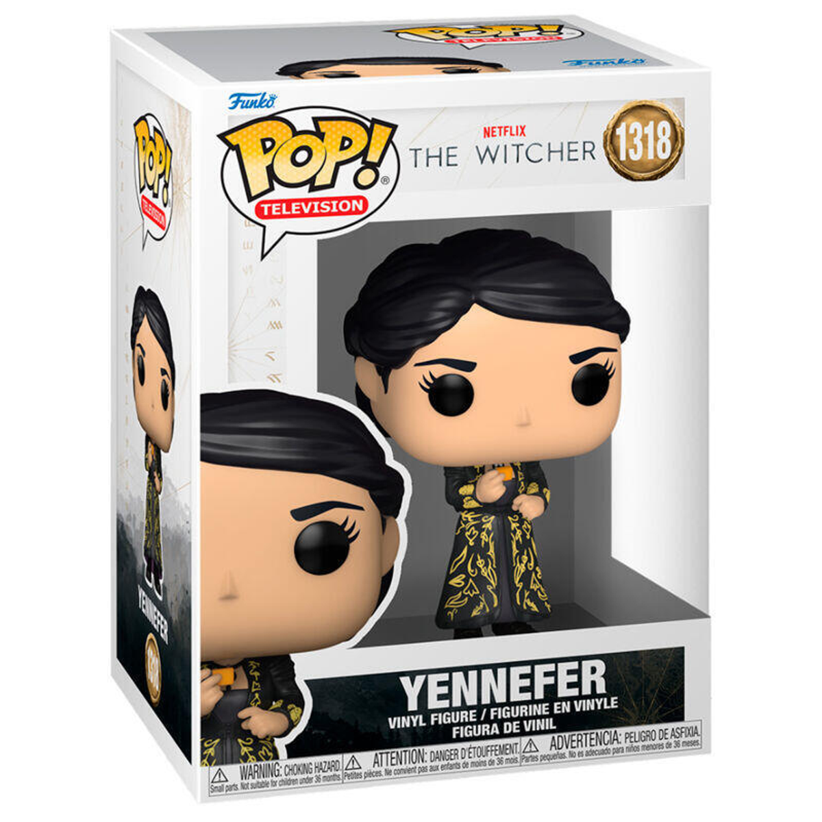 Una figura Funko Pop di Yennefer di The Witcher, in una scatola. La figura tiene un piccolo oggetto.