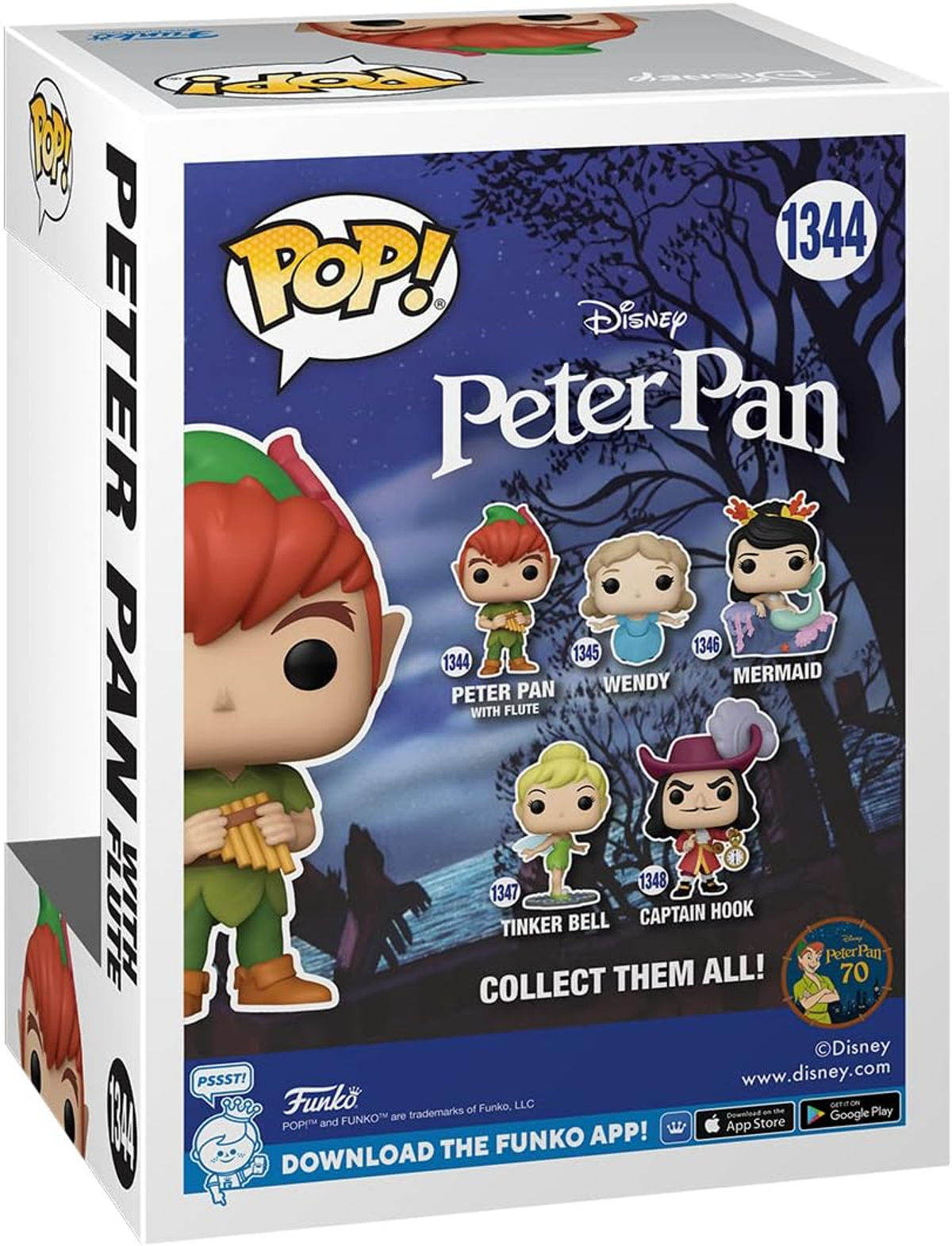 Eine Peter Pan Funko Pop-Box mit Charakterbildern, darunter Peter Pan, Wendy und Captain Hook.
