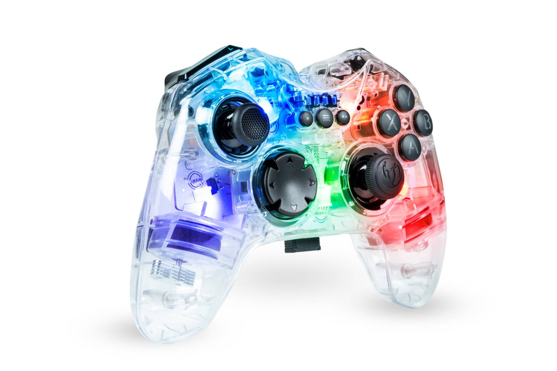 Controller di gioco trasparente con luci, pulsanti e levette color arcobaleno.
