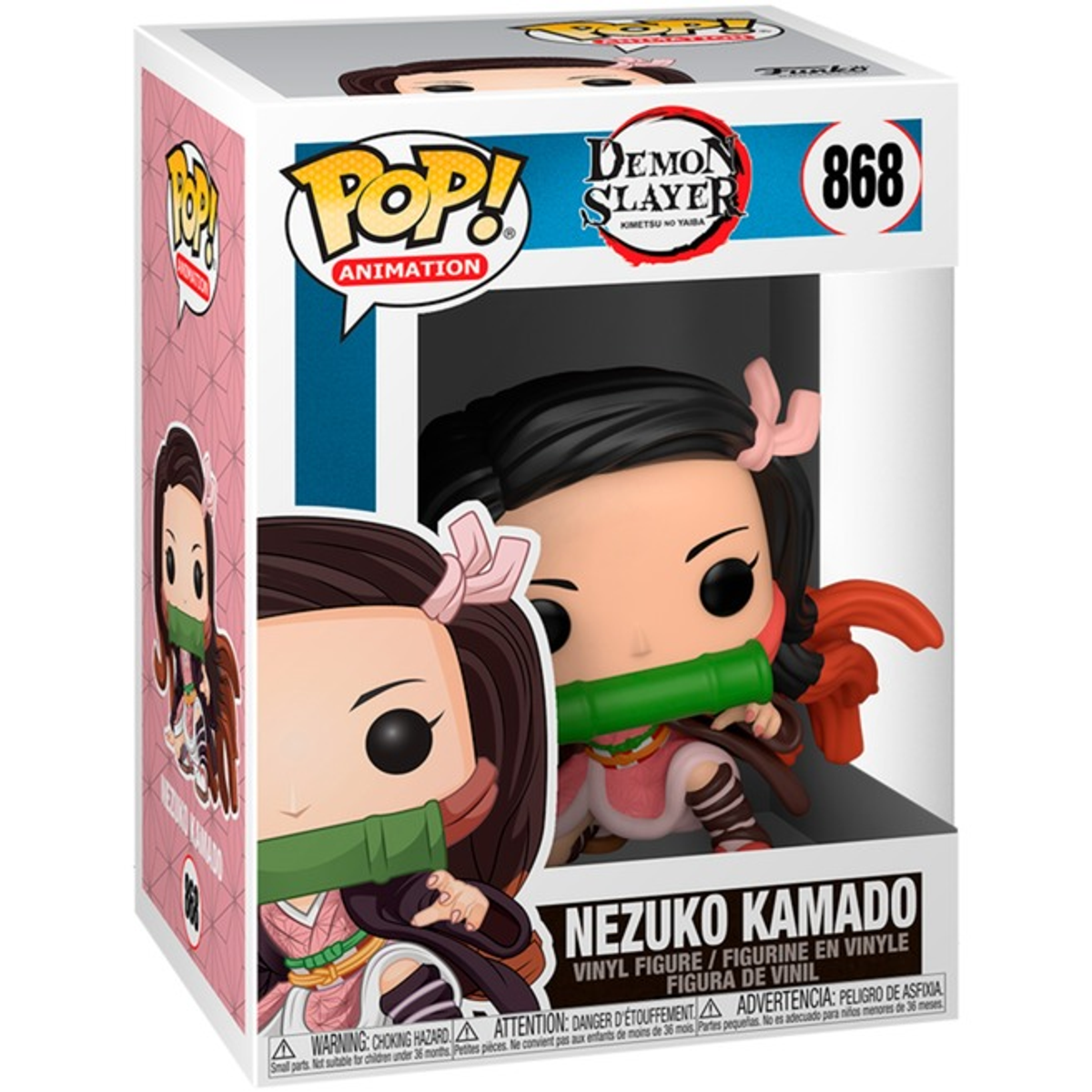 Verpackte Nezuko Kamado Funko Pop Figur. Anime-Charakter mit rosa und grünen Accessoires. Die Box ist weiß.
