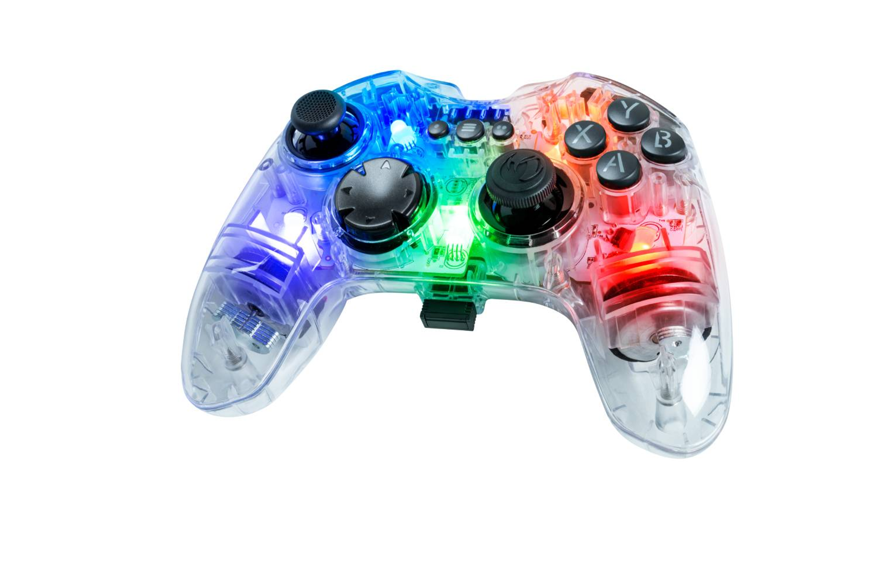 Un gamepad trasparente e colorato, illuminato con luci blu, verdi e rosse. I pulsanti e i joystick sono neri.