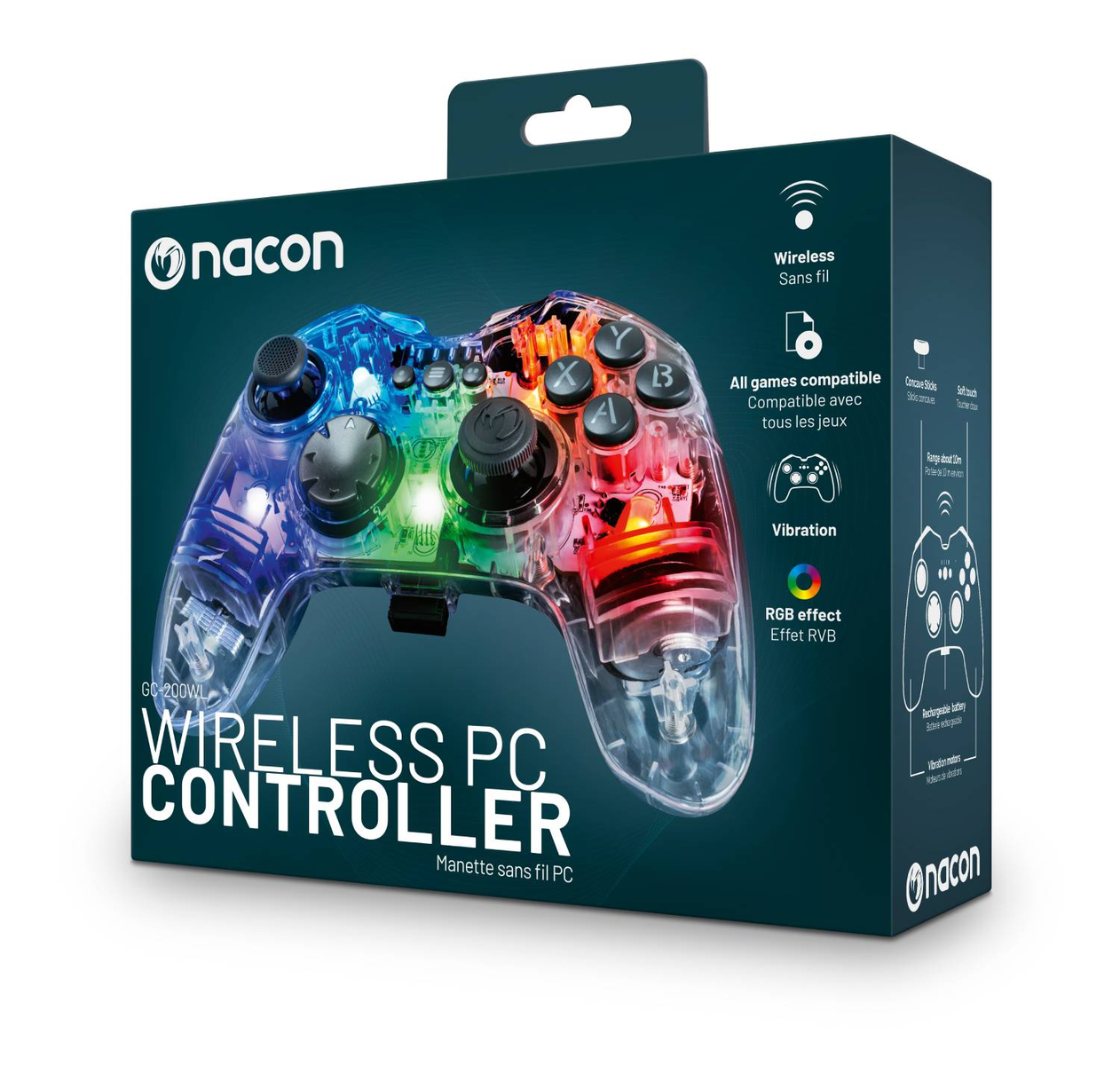 Controller PC wireless in una scatola trasparente. I pulsanti sono colorati e ha la vibrazione.