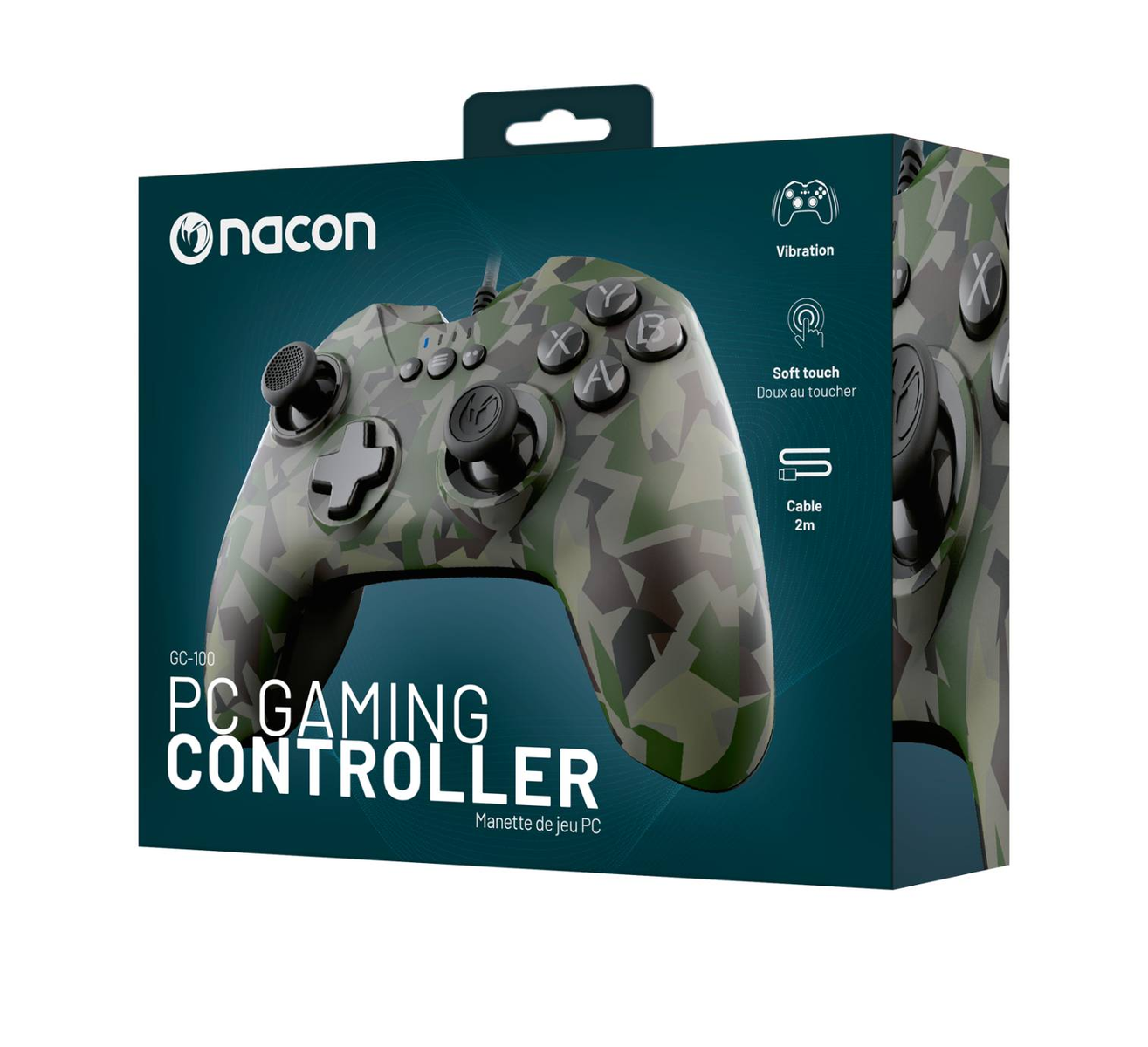 Scatola del controller per giochi per PC. Motivo mimetico verde. Logo Nacon in alto, controller in basso.