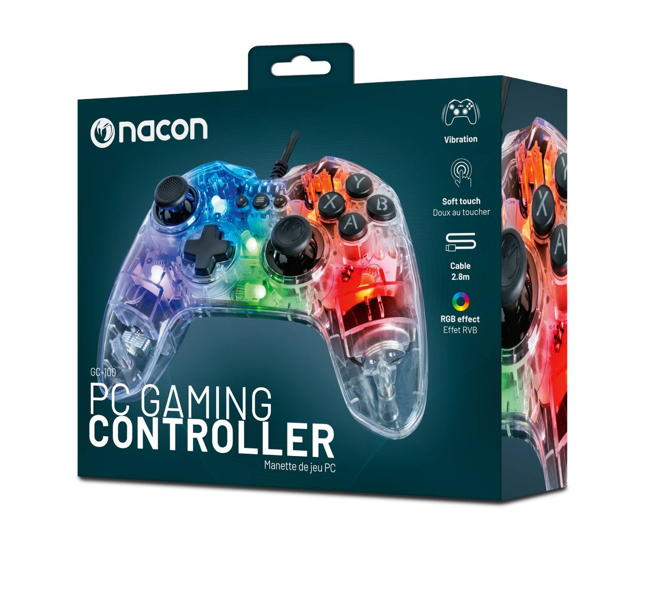 PC-Gaming-Controller in der Box. Der Controller hat mehrfarbige Lichter.