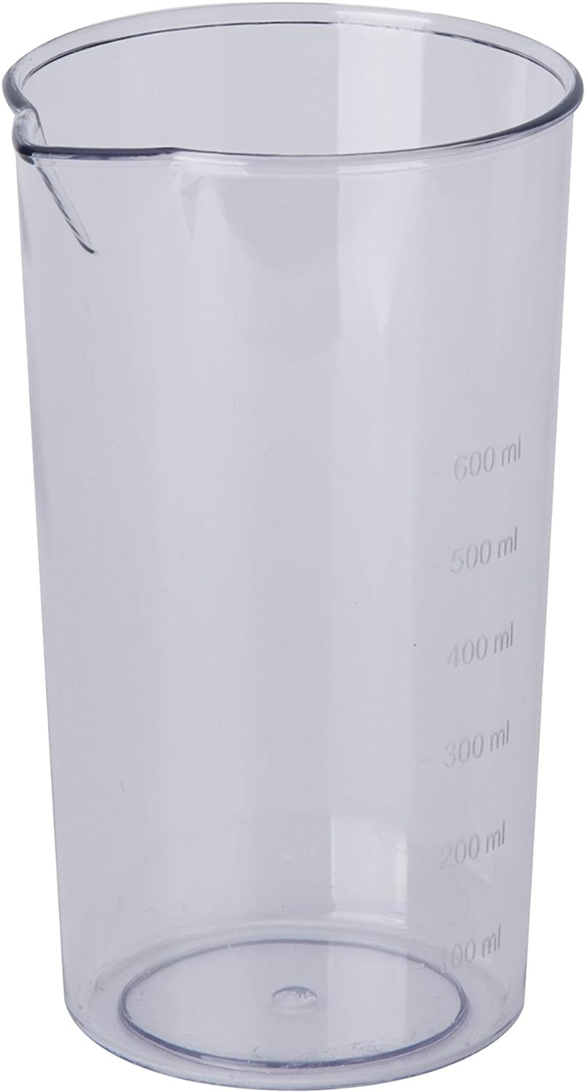 Un misurino di plastica trasparente con segni graduati in millilitri. È vuoto.