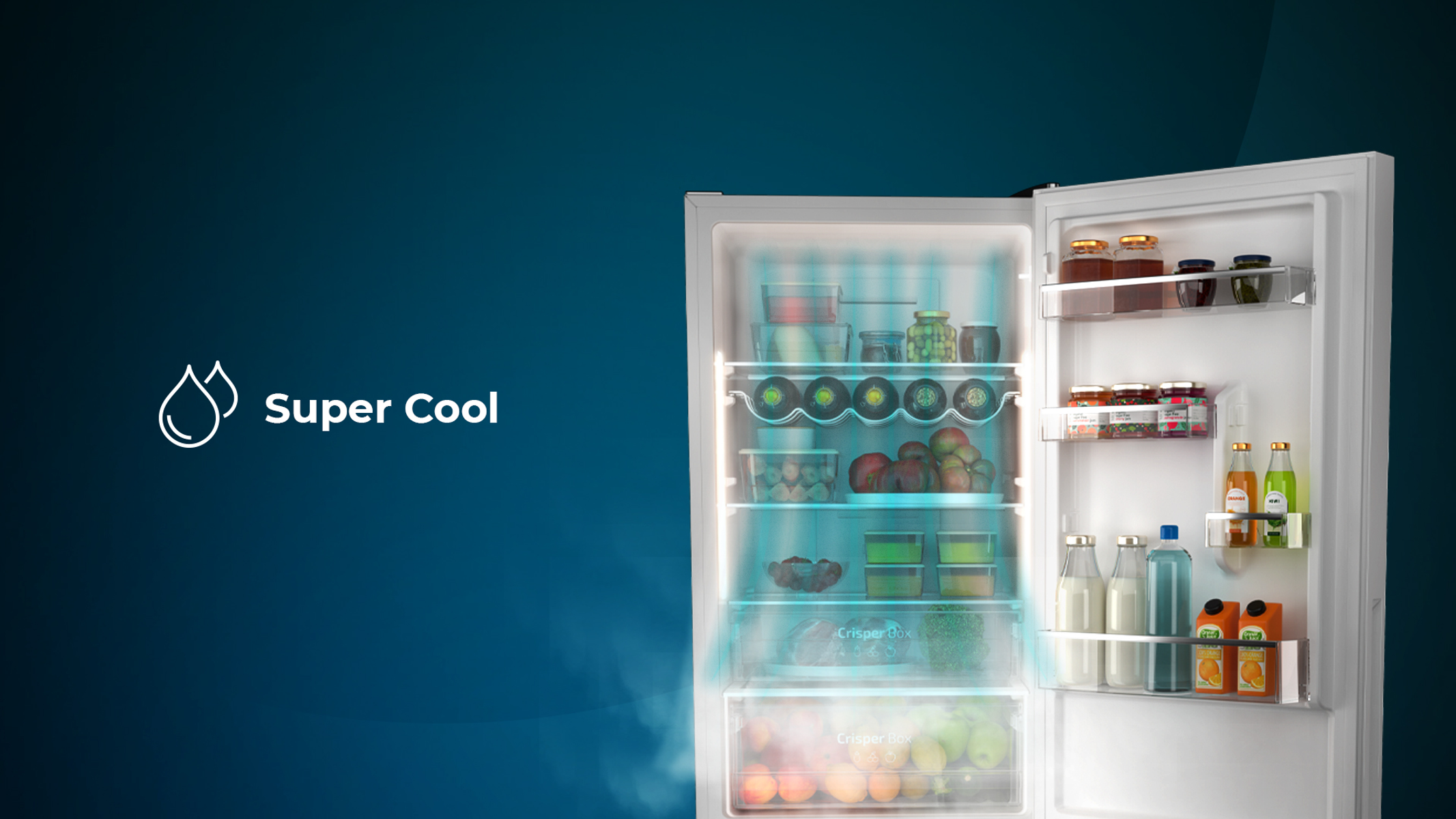 Wnętrze lodówki z jedzeniem i piciem. Logo Super Cool po lewej stronie. Niebieskie światło w środku.