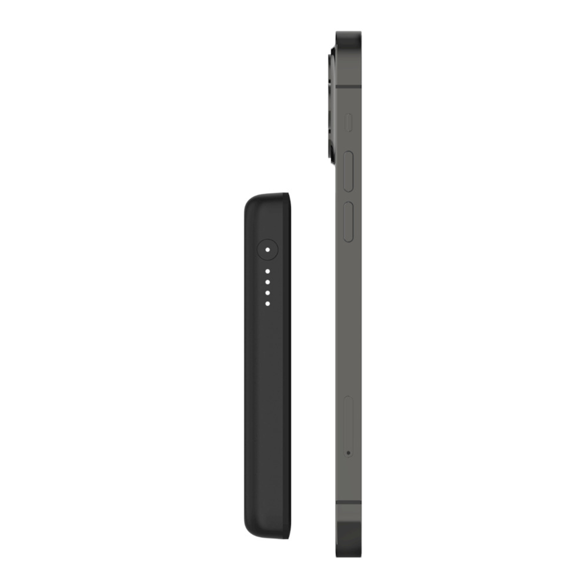 Un power bank nero e uno smartphone nero, affiancati, che illustrano le capacità di ricarica.