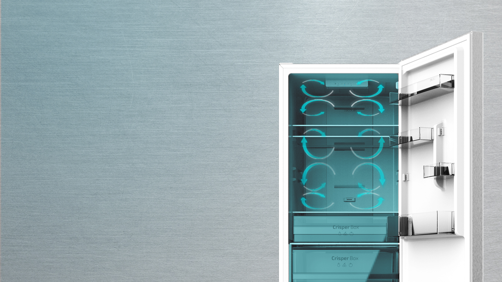 Otwarte drzwi lodówki. Wewnątrz wizualizowana jest niebieska cyrkulacja powietrza, z półkami i szufladą.