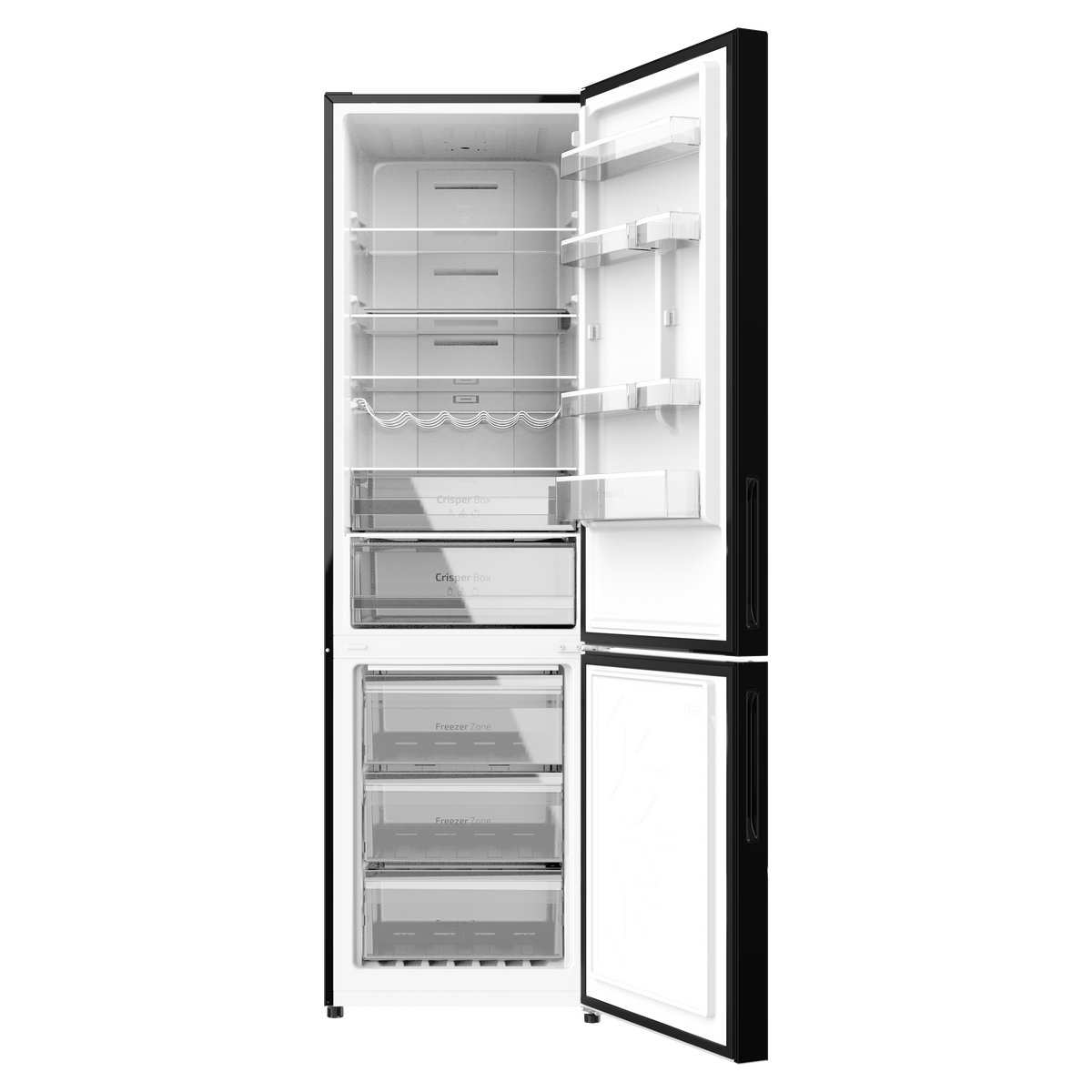 Czarna lodówka z otwartymi drzwiami, pokazująca półki, szuflady na warzywa i komory zamrażarki.