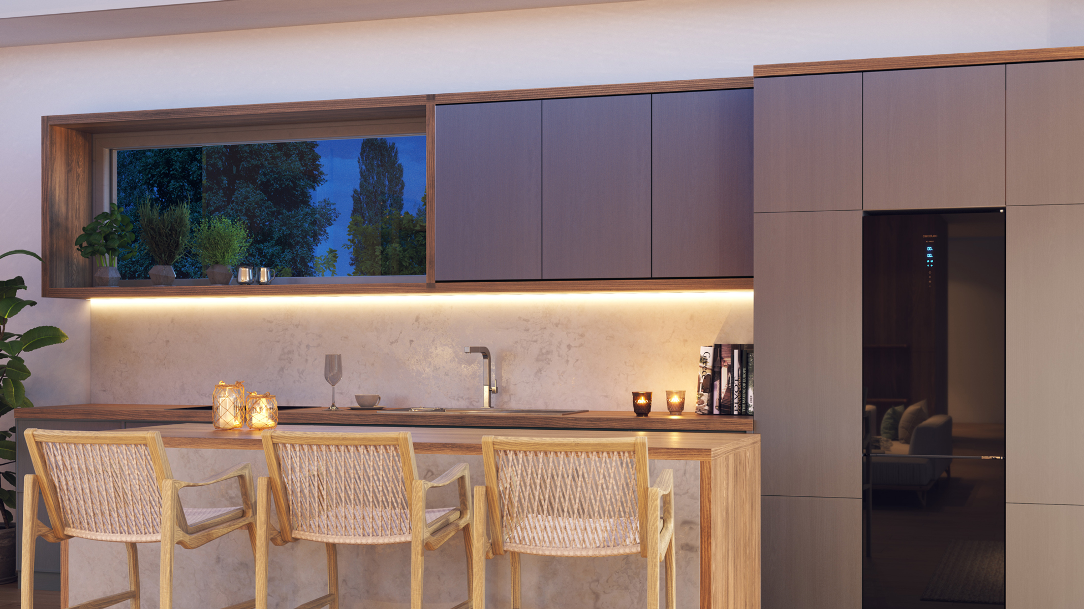 Wnętrze kuchni z hokerami, światłami i szafkami.