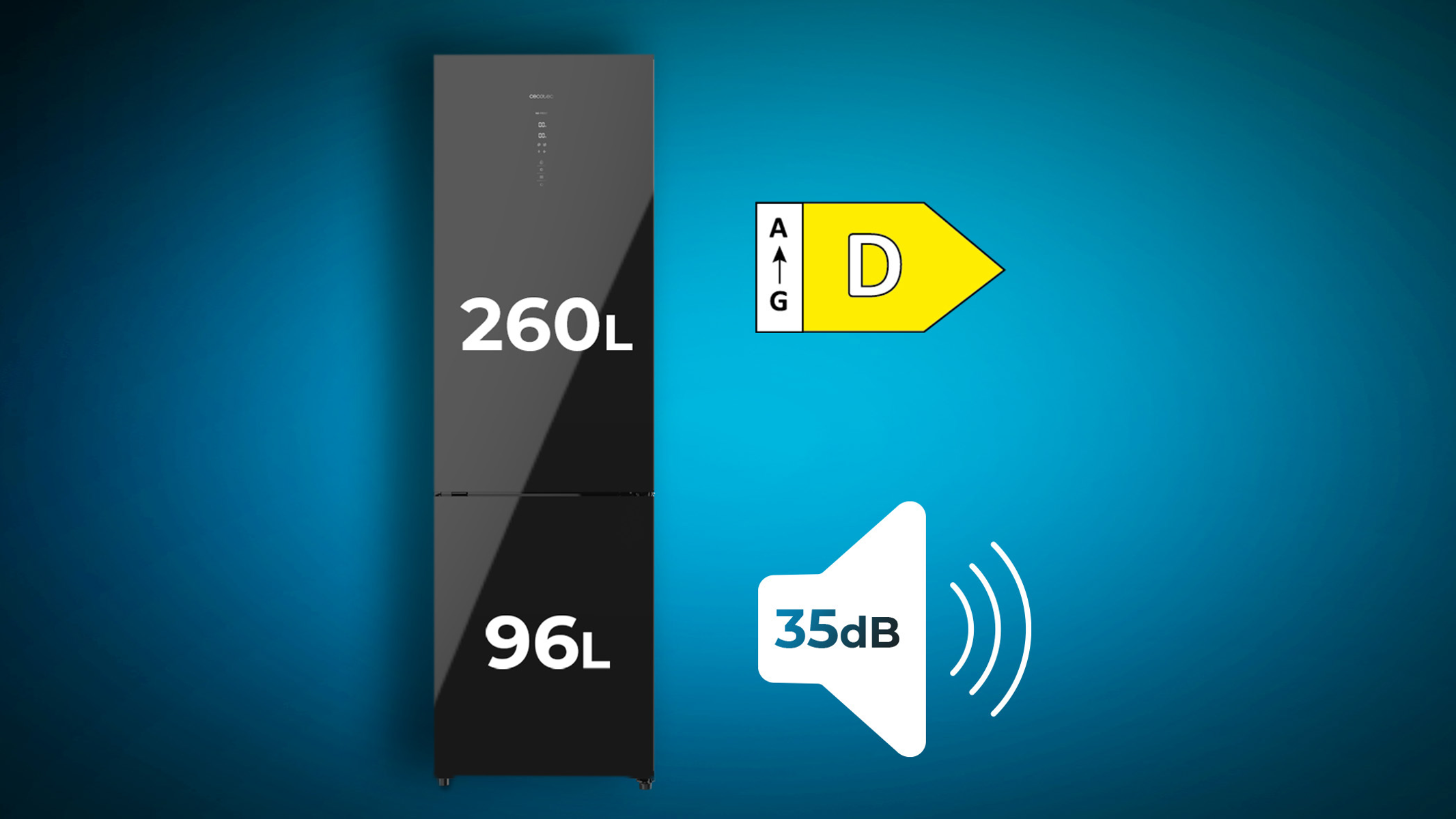 Lodówka, ciemnoszara, z etykietą energetyczną, pokazującą efektywność energetyczną i pojemność, niebieskie tło.