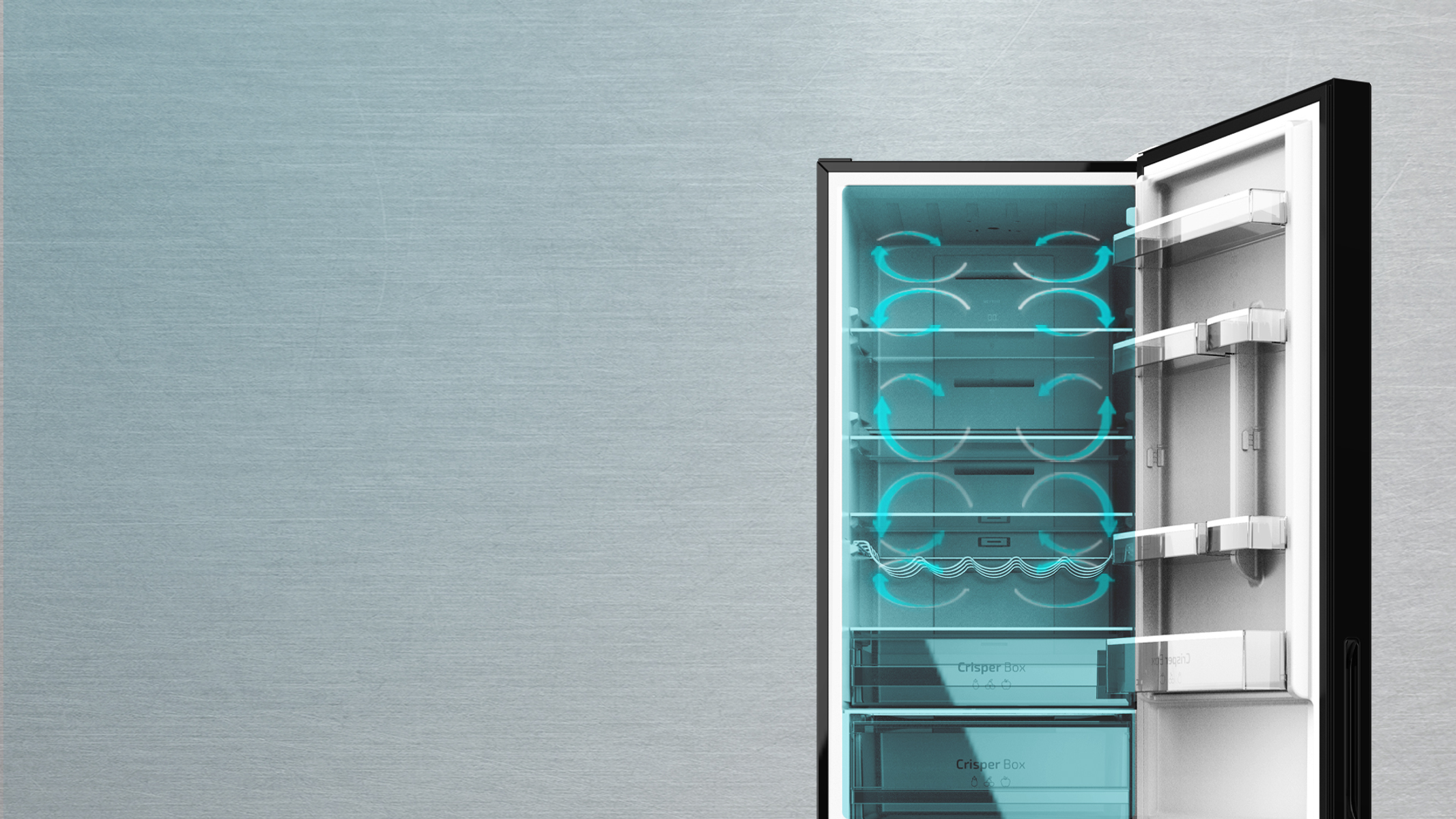 Wnętrze otwartej lodówki. Półki z przedmiotami, ilustracje przepływu powietrza, na jasnoniebieskim tle.