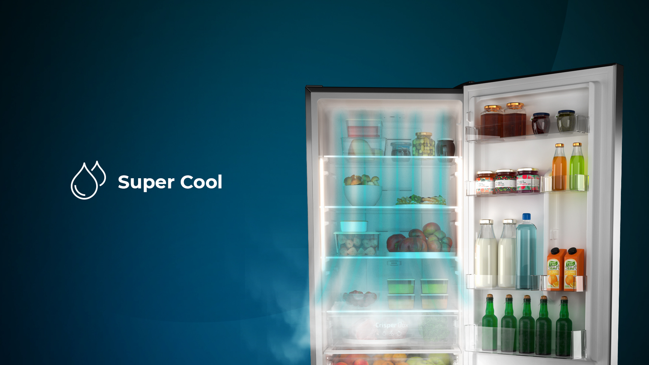 Otwarta lodówka pokazująca półki z jedzeniem, oznaczone tekstem 'Super Cool' i niebiesko-białym tłem.