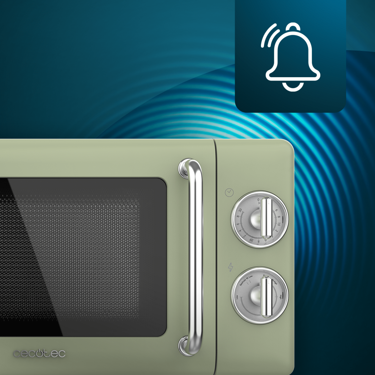Szałwiowa zielona kuchenka mikrofalowa ze srebrnym uchwytem i pokrętłami. Ikona dzwonka w prawym górnym rogu.