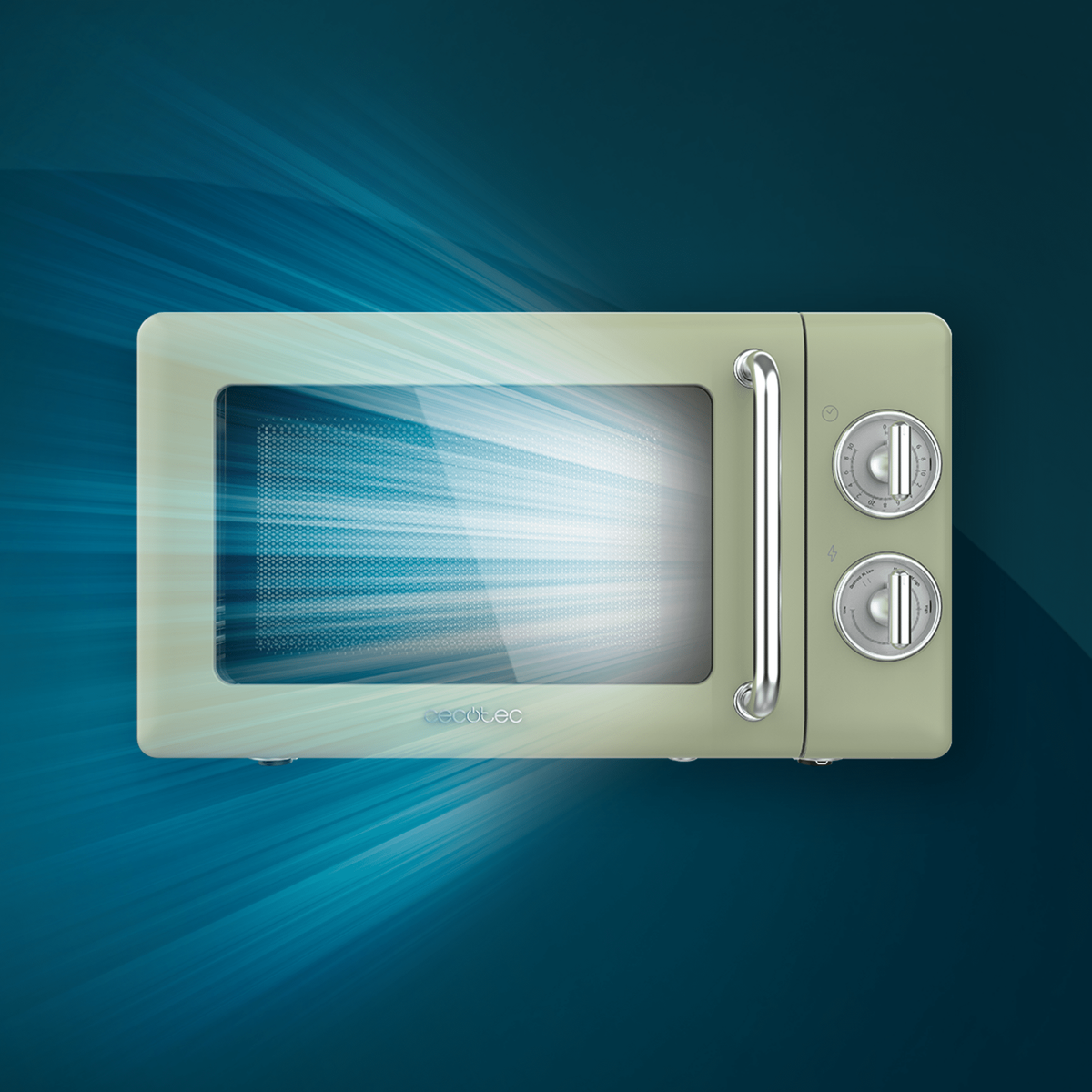 Widok z góry na kuchenkę mikrofalową w stylu retro. Ma jasnozielony kolor oraz srebrny uchwyt i pokrętła.