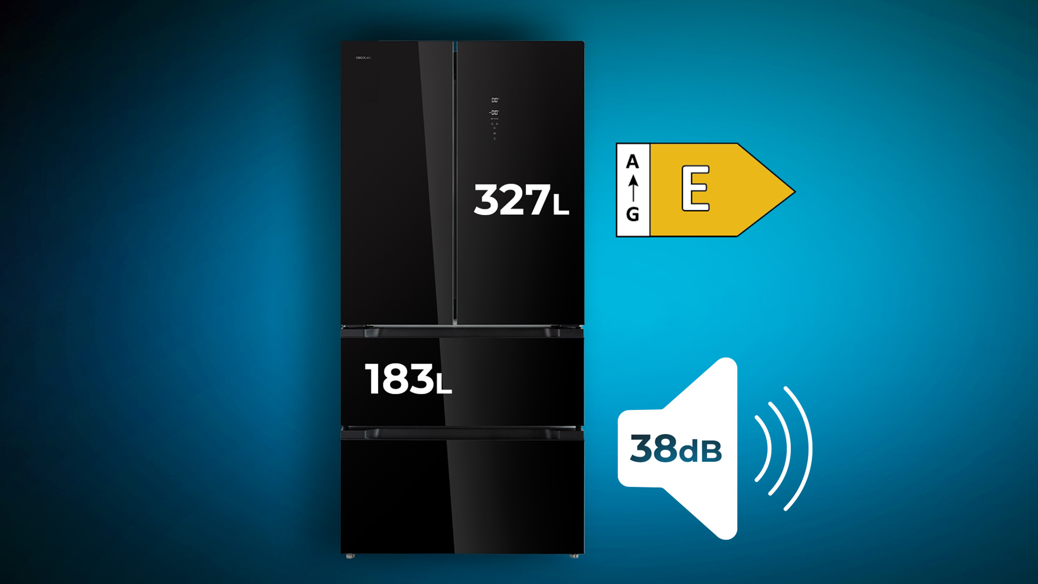 Czarna lodówka z trzema drzwiami, dużym wyświetlaczem objętości i etykietą energetyczną.