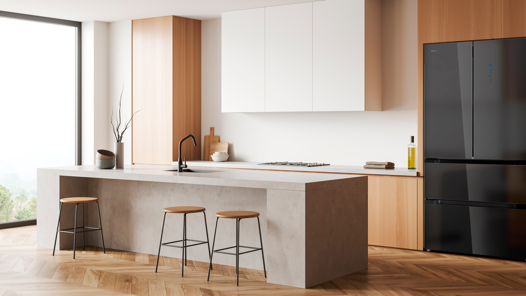 Nowoczesna kuchnia z białymi szafkami, drewnianymi akcentami, czarną lodówką i stołkami.