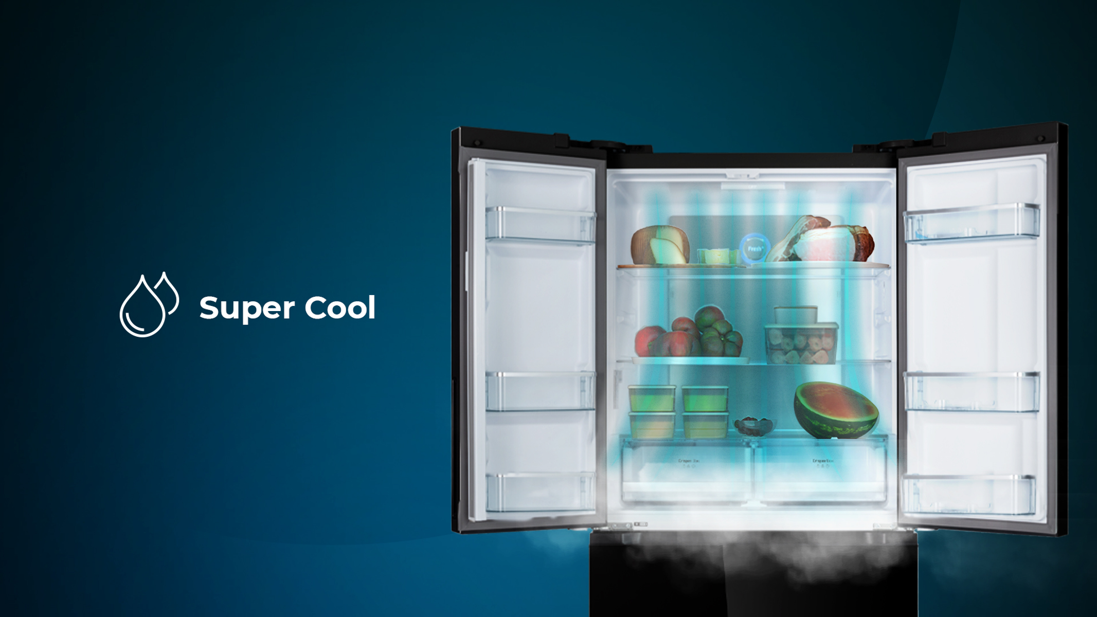 Otwarta lodówka z przedmiotami w środku. Niebieskie światła i przedmioty na półkach.